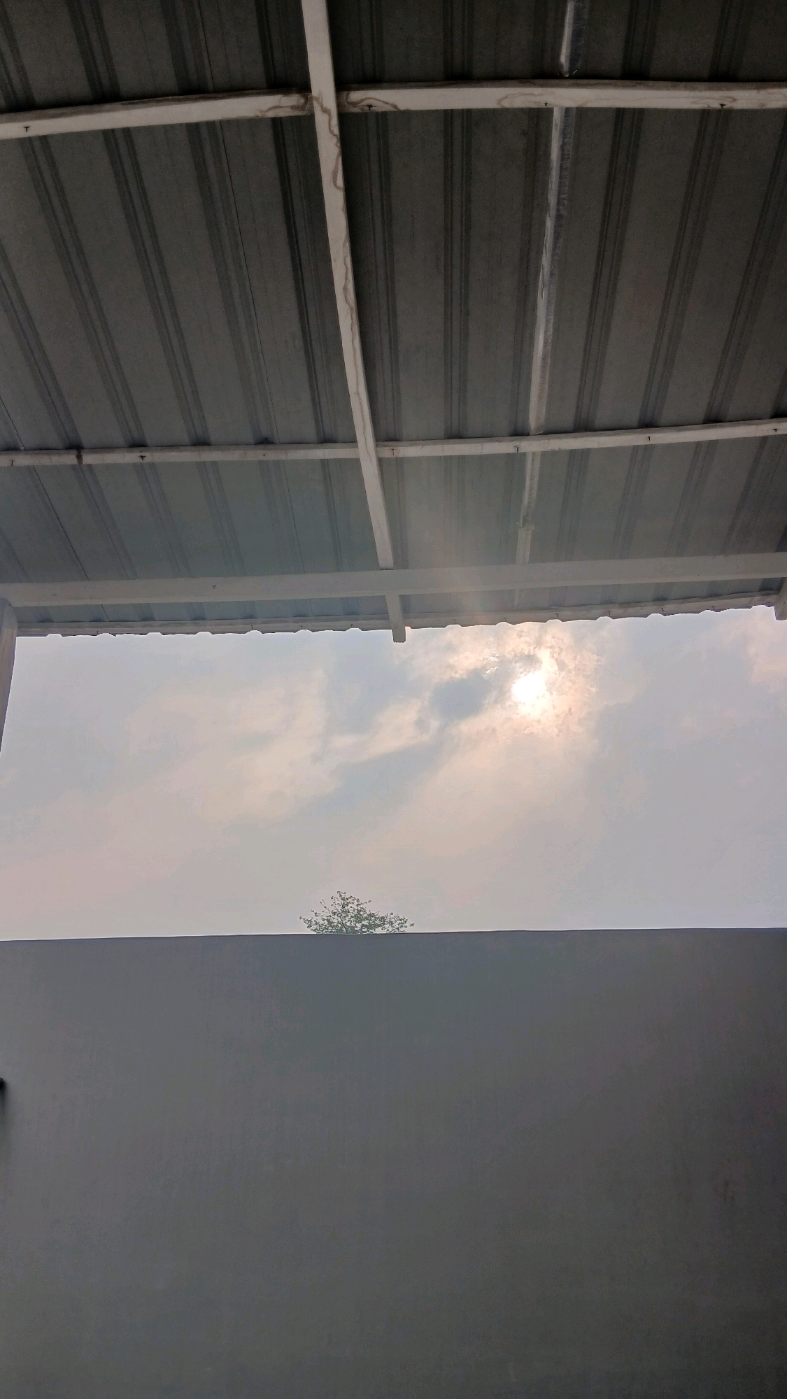The image shows an outdoor scene looking upwards. In the foreground, a grey, textured wall runs horizontally across the bottom of the frame. Above the wall, a bright sky is visible, with the sun partially obscured by clouds. The sun appears to be a strong light source, creating a hazy effect in the sky. In the middle distance, a small, green tree with a rounded canopy is visible just above the wall, its top branches reaching into the sky. Overhead, a metal roof structure with supporting beams is present, casting a shadow over the scene. The roof appears to be corrugated and is supported by white beams. The overall impression is one of an overcast or hazy day, with a view of the sky and a simple architectural structure. The location is specified as Hamparan Perak, Indonesia.