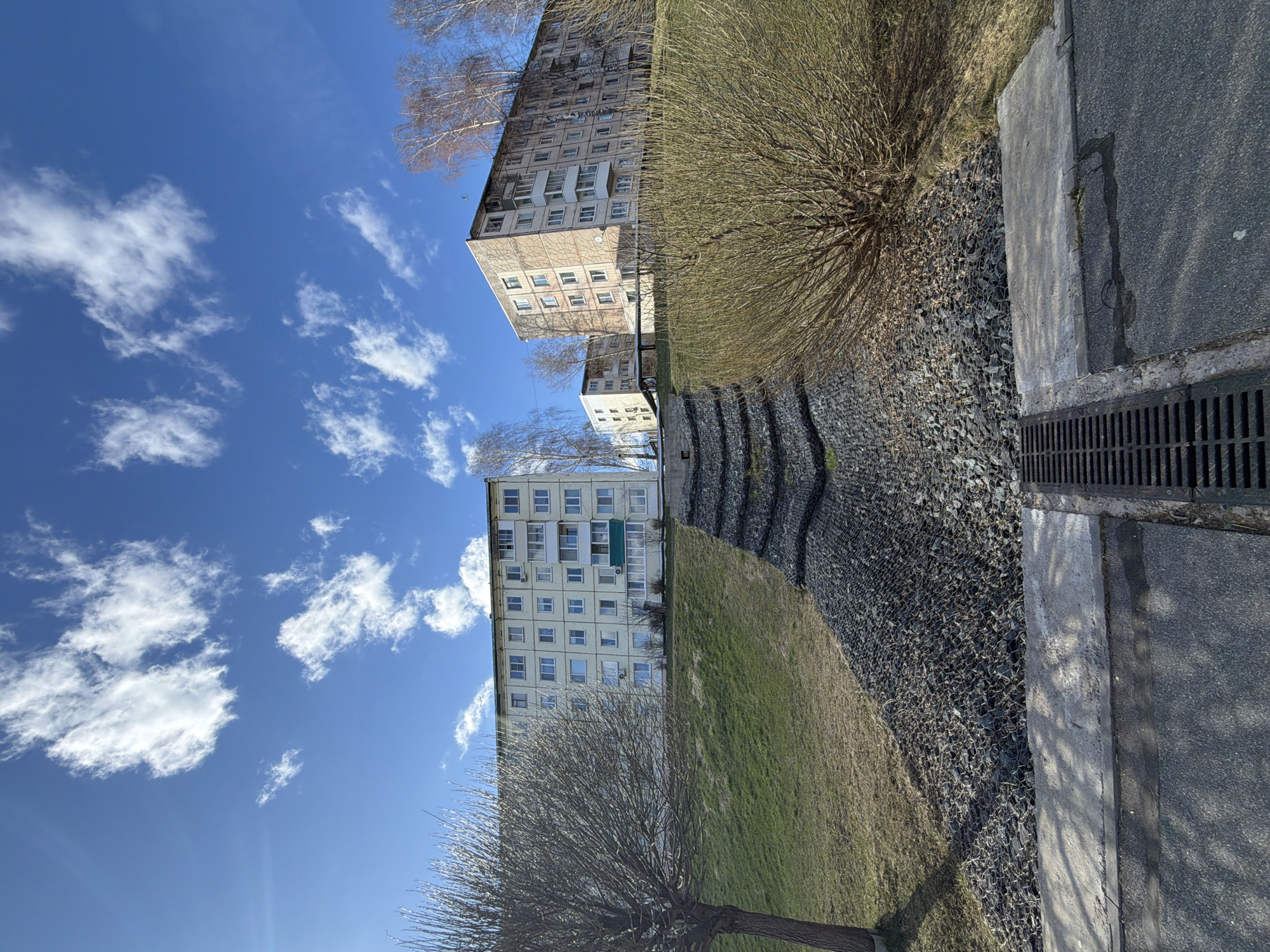 The image depicts a cityscape in Votkinsk, Russia, under a partly cloudy sky. Two multi-story, residential apartment buildings are present, constructed of light-colored brick or concrete panels. Bare trees stand in the foreground and between the buildings. A grassy slope leads down to a roadside featuring a drainage ditch filled with rocks. A metal grate covers part of the ditch. A narrow asphalt road runs alongside the ditch. The image has been rotated.