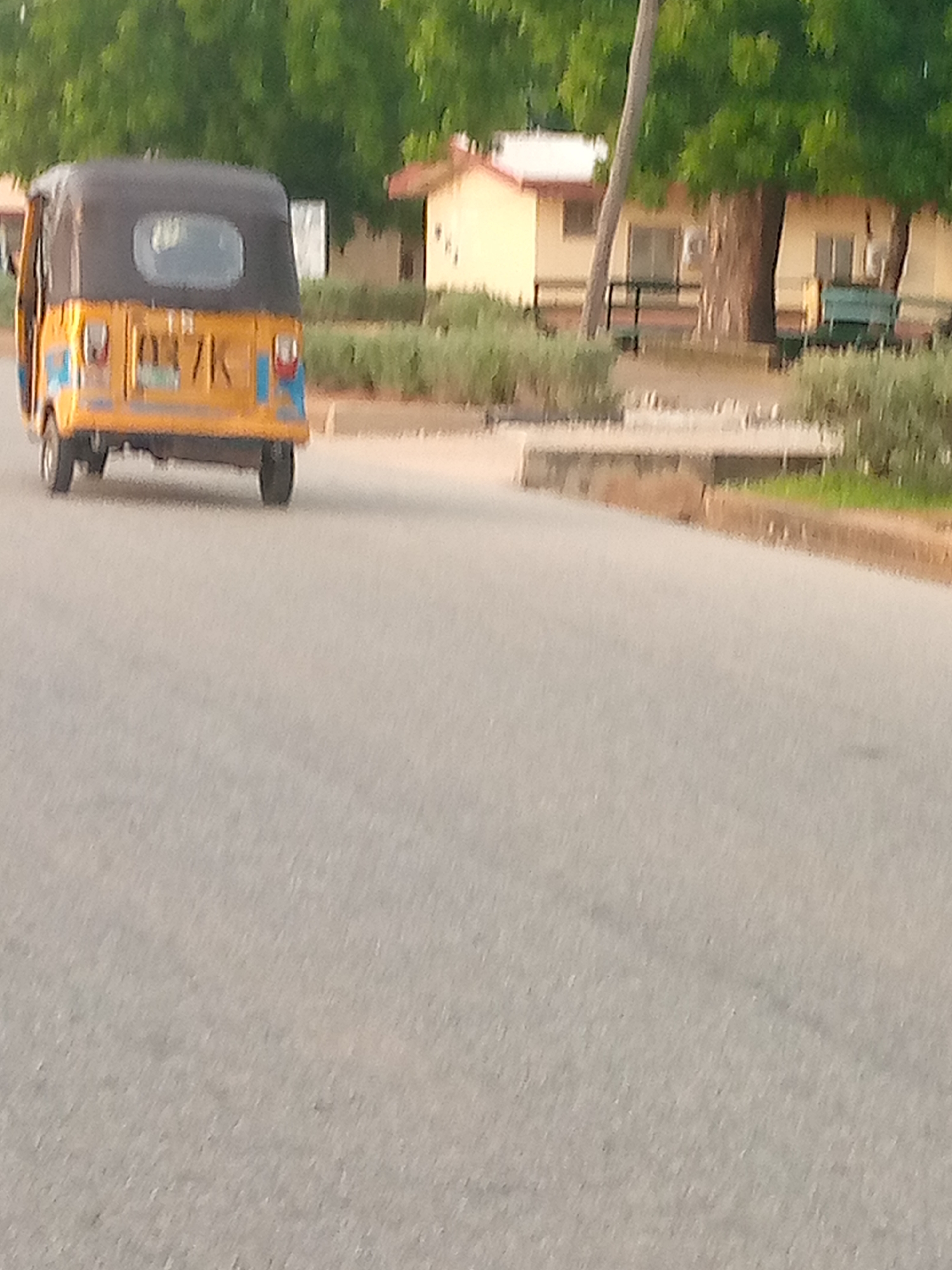 A yellow and black three-wheeled vehicle, commonly known as a "Keke Napep" or "Marwa," is traveling away from the camera on an asphalt road. The vehicle has a black canopy and a yellow body with some blue accents on the rear. There is a license plate visible on the back with writing that appears to be in a non-Latin script, possibly Chinese characters. The road is mostly empty, with some green bushes and trees in the background. Beyond the bushes, there is a light-colored building with a red roof, and another building that appears to be a residence. A slender tree trunk is visible to the left of the building with the red roof. The overall scene suggests a moderately urban or semi-urban environment in Jalingo, Nigeria, likely during daylight hours. The Keke Napep is the primary subject, with the background providing context for its location.