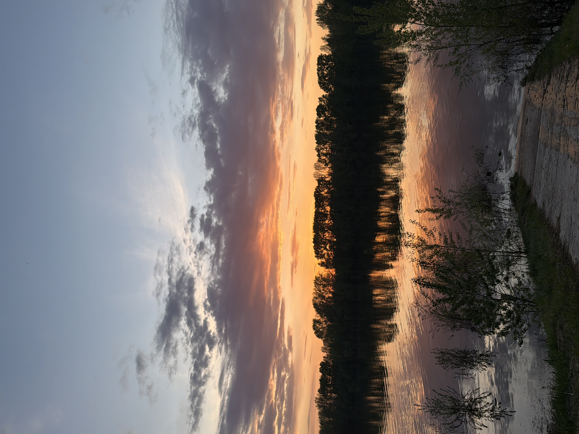 The image shows a body of water, likely a river or a large canal, reflecting the sky and the trees lining its bank. The sky transitions from a light blue-gray to a warm orange near the horizon, suggesting either sunrise or sunset. Clouds are visible in the sky, adding texture and depth. The tree line along the water is dense, forming a dark silhouette against the colorful sky. The reflection of the trees and sky in the water creates a symmetrical effect. There is a concrete bank on the right-hand side of the image with some grass and trees growing on it. Based on the prompt, this location is in Chaikovsky, Russia.