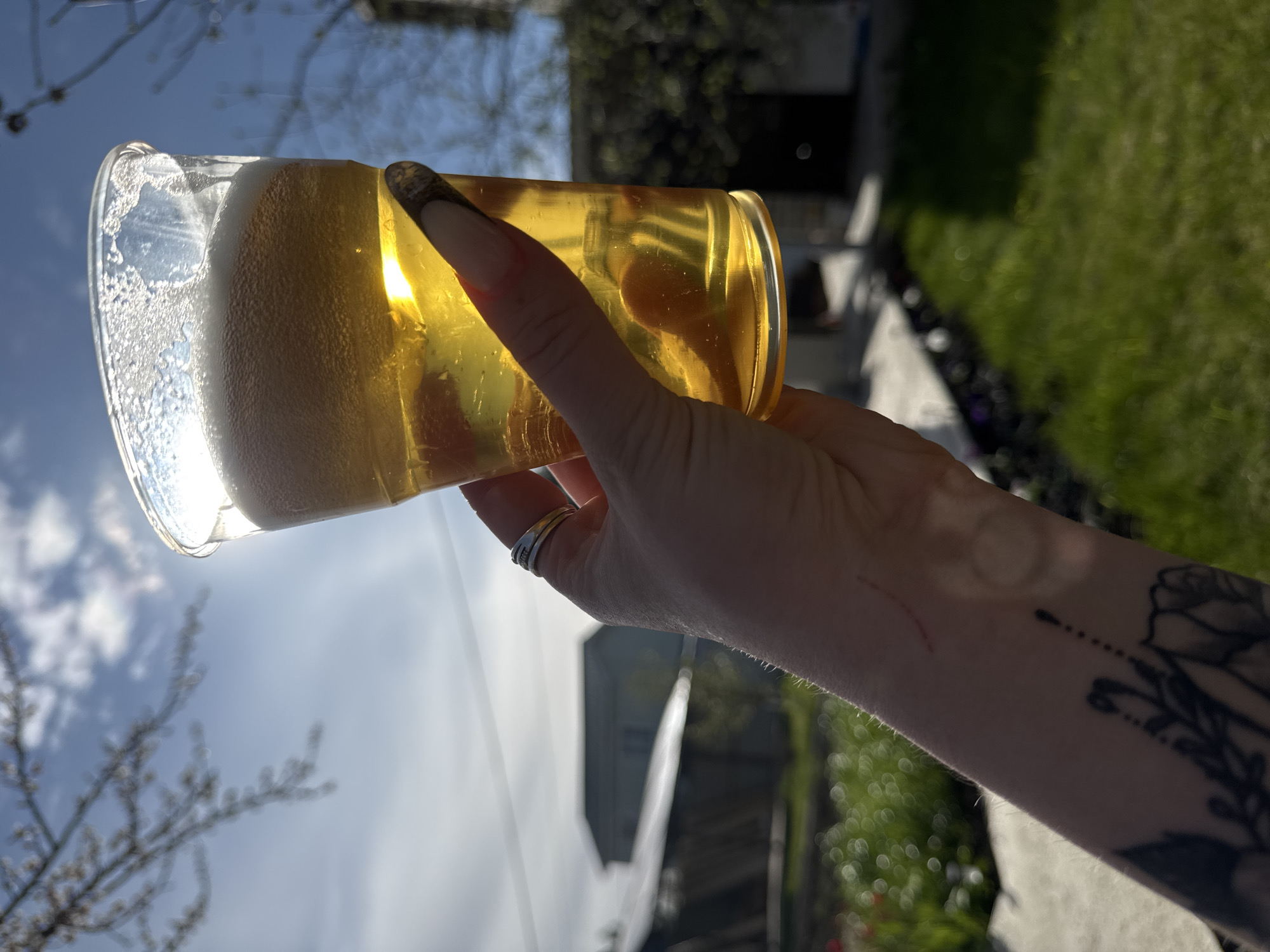 A hand holding a glass of beer is visible in an outdoor setting. The beer has a frothy head and appears to be a light color. The hand has long nails with a dark design and wears a silver ring. Part of the arm, which has a tattoo and a visible red mark, is also in view. In the background, there are trees, a building, and the sky. The exact location in the city of Unknown, Unknown, cannot be determined.