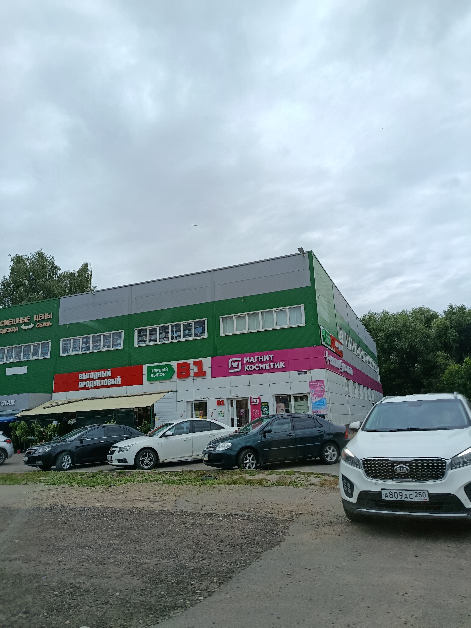 This is a photograph of a commercial building with multiple storefronts. The building is painted green and gray, with white-framed windows along the upper level. The storefronts at ground level have awnings and various signs. Visible text includes "СМЕШНЫЕ ЦЕНЫ ОДЕЖДА ОБУВЬ" (Funny prices clothing shoes), "Выгодный ПРОДУКТОВЫЙ" (Profitable grocery), "ПЕРВЫЙ ВЫБОР B1" (First Choice B1), and "МАГНИТ КОСМЕТИК" (Magnit Cosmetic). There is also a sign for "KIA" on a white SUV parked in the foreground, with the license plate "A809 AC 250".
Several cars are parked in front of the building. A white Kia Sorento is prominently featured in the foreground. Behind it, a white sedan, a dark sedan, and another dark sedan are parked. The scene appears to be an overcast day, with a cloudy sky. The presence of trees behind the building suggests a suburban or semi-rural setting. The overall atmosphere is ordinary, depicting a typical commercial street scene. The time of day is difficult to determine precisely due to the overcast conditions, but the opening hours displayed on one of the signs ("09:30 20:30") suggest it is likely during business hours. The location context provided indicates this is in Orekhovo-Zuyevo, Russia.
