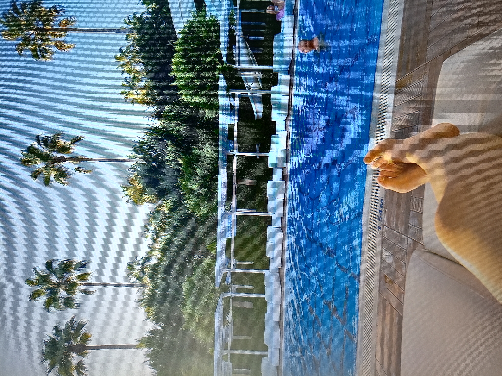 The image depicts a poolside scene with palm trees and lush greenery in the background. In the foreground, a person's feet are resting on a lounge chair, suggesting a relaxing moment. The pool water is a vibrant blue, with ripples indicating movement. Several white cabanas with lounge beds are visible along the edge of the pool. A person is partially submerged in the pool in the middle ground, their head and shoulders visible above the water. The environment appears to be an outdoor resort or hotel. The image is taken from a first-person perspective, looking out towards the pool and beyond. The presence of palm trees and the style of the lounge furniture suggest a warm climate. There is no visible indication of the city of Tiraspol, Moldova.