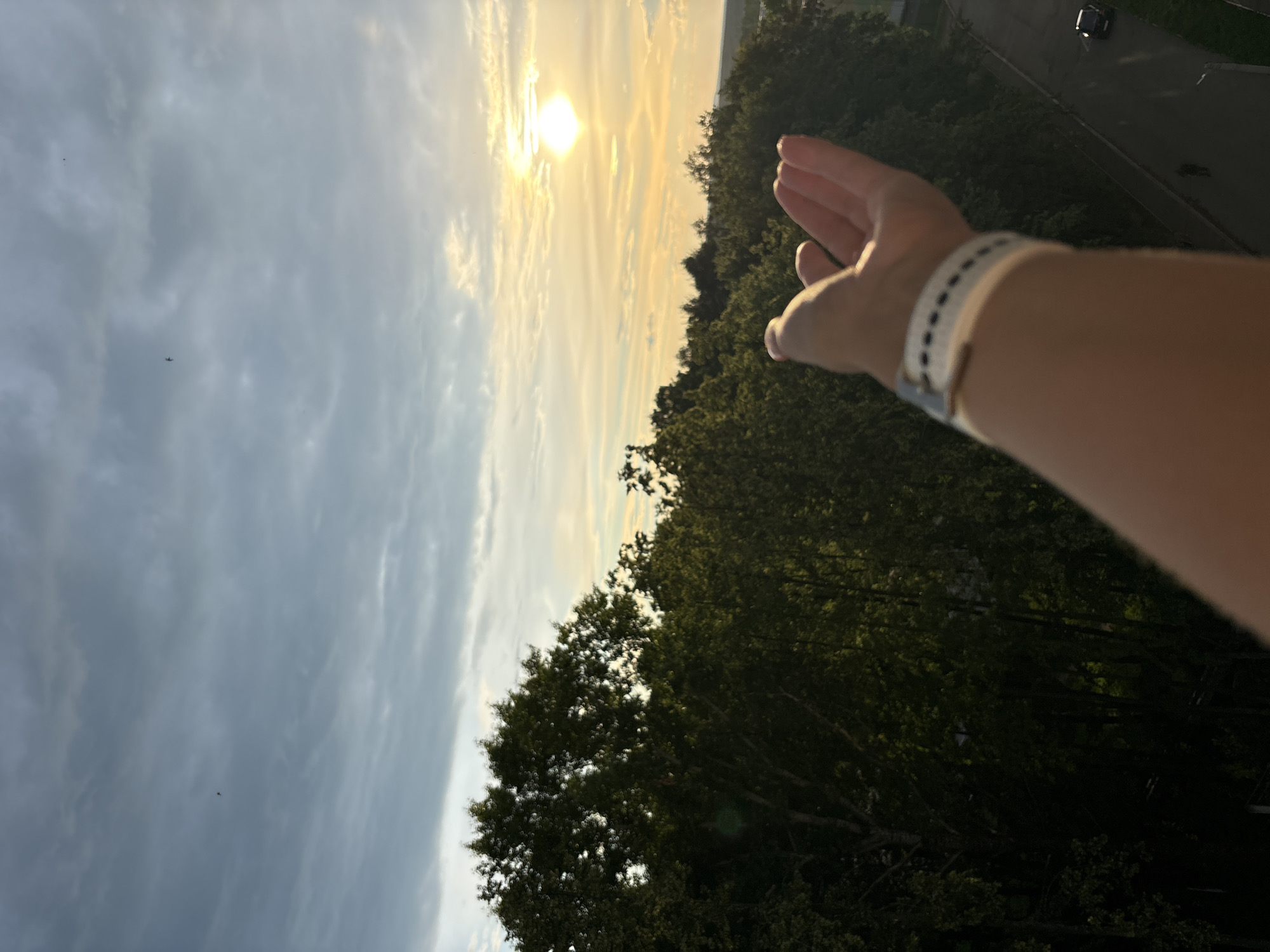 The image shows a person's arm and hand reaching out towards the sky, which is filled with dramatic clouds during what appears to be sunset. The sun is a bright, warm orb, casting a golden glow across the sky and illuminating some wispy clouds. Below the sky, a dense canopy of green trees dominates the landscape, suggesting a natural or park-like setting. The trees are lush and full, with sunlight filtering through their leaves in places.
In the background, to the right of the frame, a road or pathway is visible, with a dark-colored car driving on it. This hints at a more urban or suburban environment beyond the natural greenery. The perspective is from a high vantage point, possibly a balcony or window, looking down and out.
The time of day is clearly sunset, indicated by the quality of light and the position of the sun. The weather appears to be clear with scattered clouds, creating a picturesque sky. The person's arm is adorned with a white bracelet with black stitching and a metallic buckle, a common accessory. The overall mood conveyed by the image is one of aspiration, wonder, or perhaps a longing to connect with nature and the vastness of the sky. There is no visible text in the image. The setting is likely Chaikovsky, Russia, as indicated by the location context.