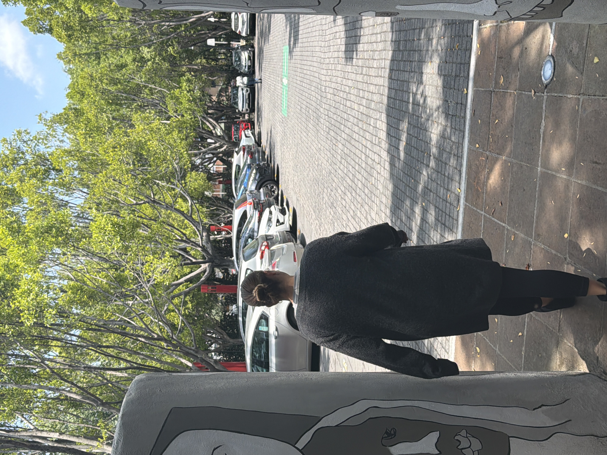 The image depicts a city street in Puebla, Mexico. The camera is positioned behind a woman standing on a sidewalk, facing towards a street lined with parked cars. The street is paved with gray bricks, and the sidewalk is covered in square concrete tiles. Trees line the street, partially obscuring the view of the cars and the sky. A concrete structure with a painted design is visible in the foreground.