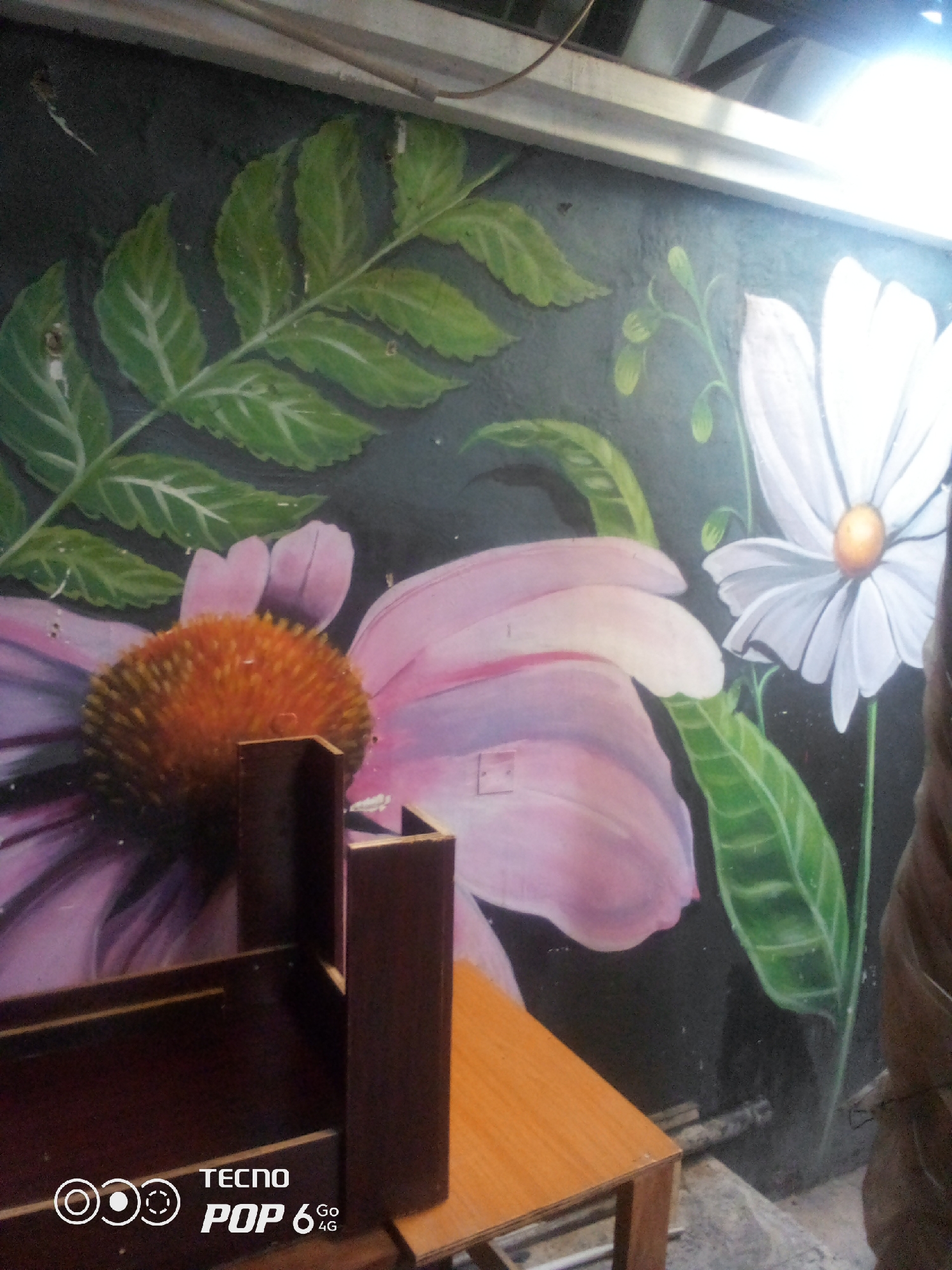 The image depicts a mural painted on a textured wall, likely an exterior surface, in Howayi, Nigeria. The mural features two large, stylized flowers against a dark background. The flower on the left is a pink coneflower with a prominent spiky orange center and delicate pink petals. To the right, a white daisy-like flower with yellow stamen is depicted, its petals radiating outwards. Lush green leaves are interspersed with the flowers, adding depth and vibrancy to the artwork. In the foreground, a dark brown wooden object, possibly a piece of furniture or a decorative structure, partially obscures the lower portion of the mural. The lighting suggests it is daytime, with some light glinting off the top edge of the wall, hinting at an overhead structure or canopy. A wooden table is visible to the right, its surface a warm, light brown. The presence of the "TECNO POP 6 4G" logo in the bottom left corner indicates the image was taken with a Tecno mobile device. The overall scene suggests an outdoor setting, likely a public space or a decorated building facade in the city of Howayi, Nigeria.