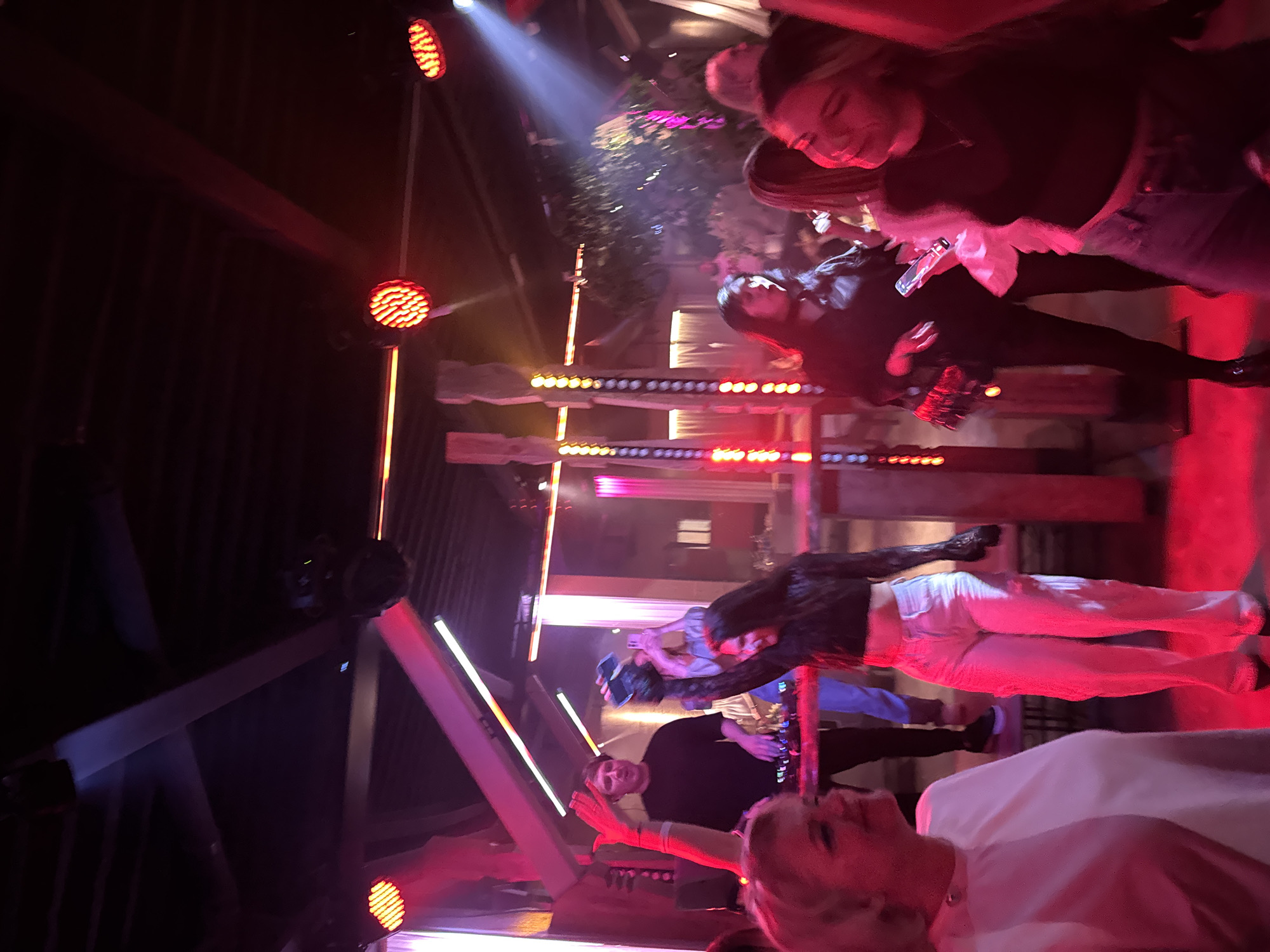 This vibrant, vertically-oriented image captures an indoor event, likely a nightclub or concert venue, bathed in dramatic artificial lighting. The scene is dominated by strong red and purple hues from numerous spotlights and linear LED light fixtures.
Several people, predominantly women, are visible, standing and interacting. In the foreground, a person with light-colored hair, wearing a white top, is visible from the chest up, looking towards the right side of the frame. Towards the center, another person wearing a dark top and light-colored pants stands with their back partially to the camera, facing left. Nearby, another individual in a black top and dark pants is seen from behind, holding what appears to be a clear bottle.
Further into the background, other attendees are present. One person with dark hair, wearing a black top and denim overalls or jeans, looks downwards. Another person, also with dark hair and a black top, holds a clear bottle while looking towards the right. Some individuals are seen holding up their phones, possibly recording or taking pictures.
The setting includes visible wooden beams and intricate structures, possibly part of the venue's decor or a stage setup. Bright red spotlights with distinct circular patterns are mounted on poles, illuminating different areas. Long, narrow light strips, emitting pink, purple, and white light, are integrated into the structures. Some greenery or foliage is discernible in the upper background, adding a decorative element. The overall impression is one of an energetic night event. No visible text is present.