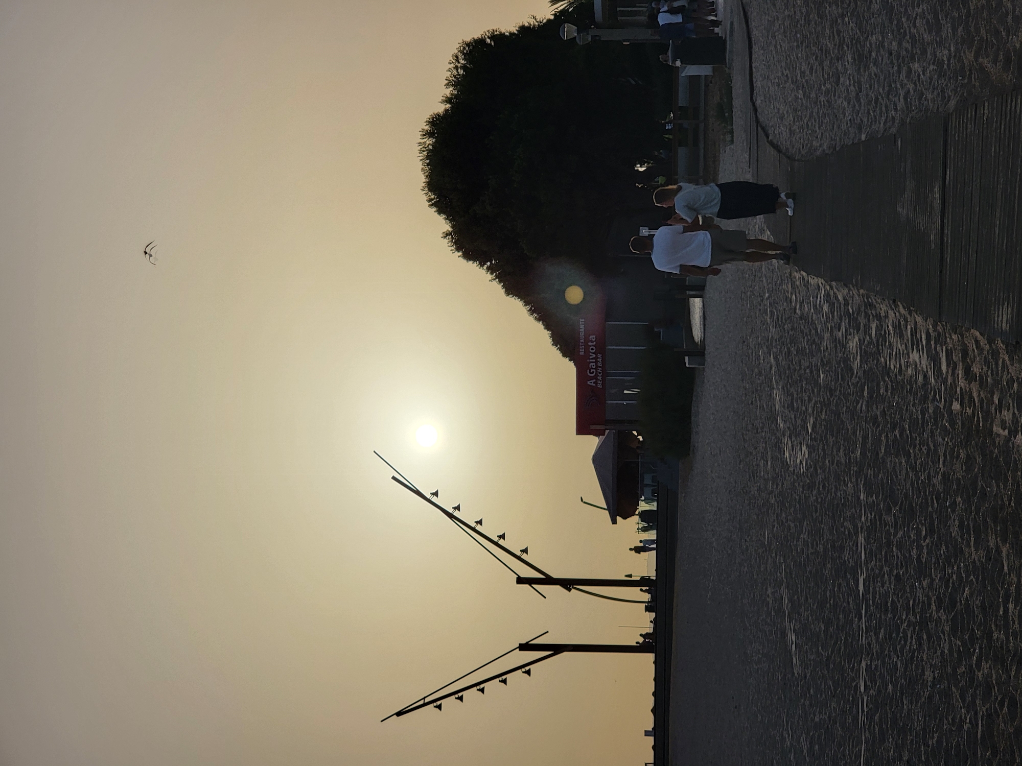The image depicts a beach scene at Quarteira, Portugal, during sunset. The sun is visible as a bright orb low in the hazy sky, casting a warm, golden light. In the foreground, a wooden walkway extends across the sandy beach. Two figures, a man and a woman, are walking away from the camera on this walkway. The man is wearing a white t-shirt and light-colored shorts, while the woman is wearing a t-shirt and a long, dark skirt. In the middle ground, there is a building with a red sign that reads "RESTAURANTE A Gaivota BEACH BAR". Behind the restaurant, a large, dark tree dominates the landscape. In the background, silhouetted lamp posts with multiple lights stand against the sky, and several people are visible near the walkway and the restaurant. Two birds are flying high in the sky. The overall atmosphere is serene, with the warm light of the setting sun illuminating the beach and the surrounding structures.