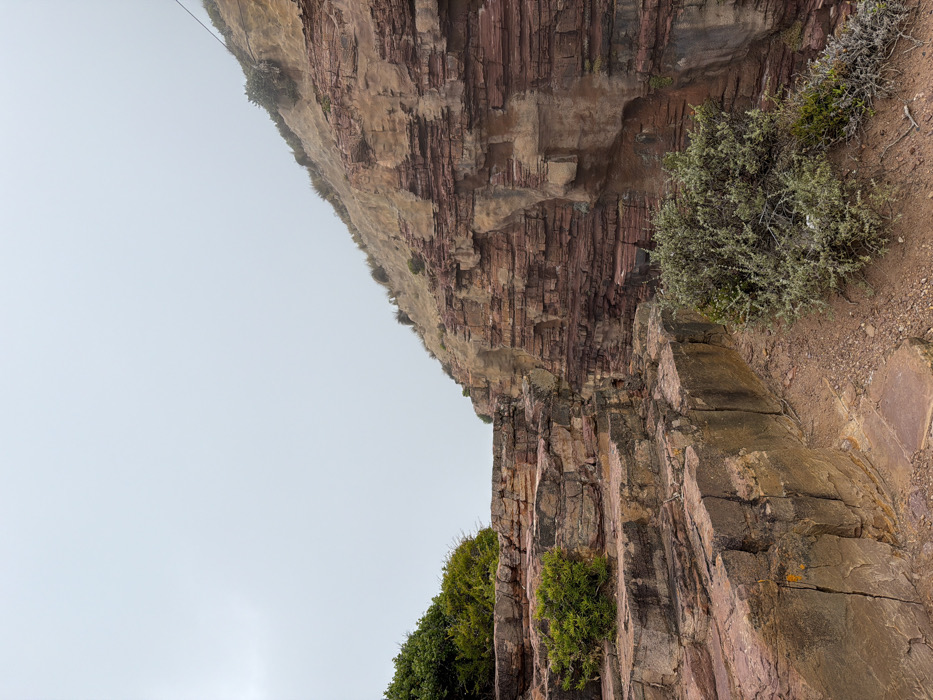 The image displays a rugged coastal landscape near Cape Town, South Africa, under an overcast sky. The foreground and left midground feature stepped, horizontally stratified rock formations in reddish-brown and grey hues, with green fynbos shrubs growing on and between them. A dirt path is visible at the base of these formations. To the right, a steep cliff face of similar layered rock rises, transitioning to a soil-covered slope sparsely populated with dry grasses and bushes. A thin, dark wire or cable is discernible diagonally on the upper right section of this slope. The sky is uniformly light grey, indicating overcast conditions. No individuals or overt human activity are depicted.
