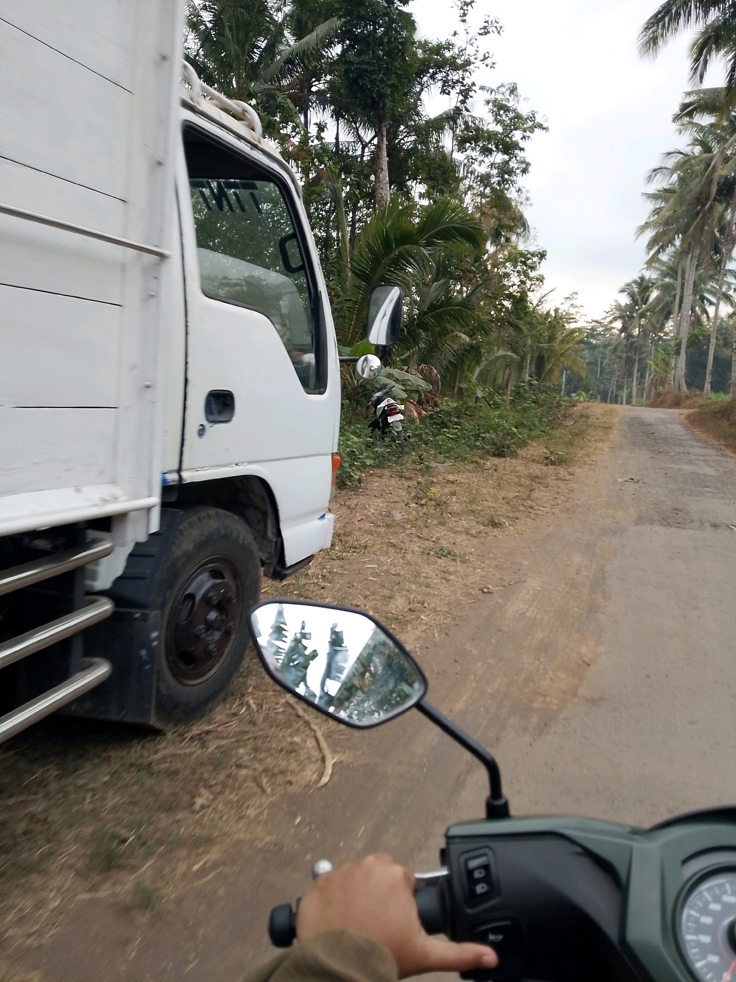 A white delivery truck is parked on the side of a dirt road in Suwaru, Indonesia. The truck is seen from the side, with its cargo bed visible. In the foreground, a motorcycle's handlebar and mirror are visible, indicating the image is taken from the perspective of a motorcycle rider. The mirror reflects a blurry image of trees. The road is unpaved and surrounded by lush vegetation, including palm trees. The sky is overcast. A parked motorcycle is visible in the bushes to the left of the road.