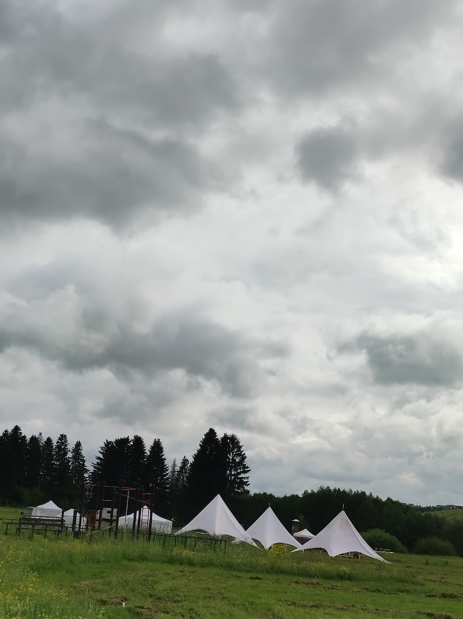 The image depicts a rural landscape in Фоки, Russia, under a heavily overcast sky. The foreground features a vibrant green grassy field, dotted with small yellow wildflowers, which slopes gently upwards. Several white tents are set up across the field. On the right side, three distinctive tents with pointed tops and stretched fabric walls are prominent. Further to the left and in the middle ground, more white tents of varying designs are visible, suggesting a glamping site, a campsite, or an outdoor event venue.
Behind the tents on the left, a dense line of dark green conifer trees forms a natural backdrop, with lighter deciduous foliage visible further beyond. In the mid-ground, nestled among the tents and in front of the conifer forest, is a metal structure resembling a playground or jungle gym with red and black elements, along with what appears to be a wooden bench and some low fencing or rails.
The sky is dominated by thick, dark grey clouds, indicating overcast weather, possibly before a storm or after recent rain. This creates a diffused light and lends a somewhat moody or dramatic atmosphere to the scene. The time of day appears to be daytime, though the heavy cloud cover obscures direct sunlight. No people or visible text are present in the photograph.