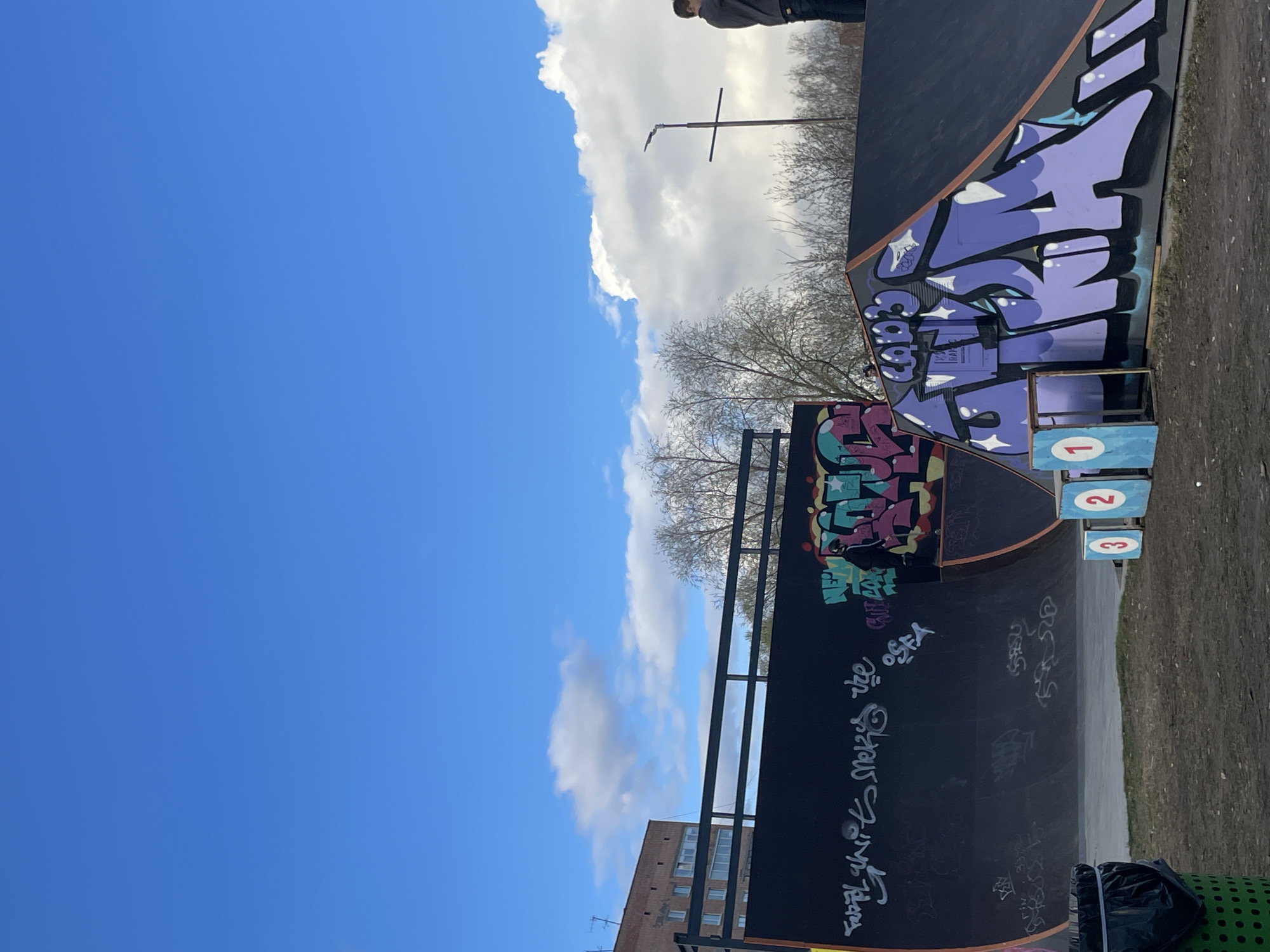 The image captures an outdoor skate park in Izhevsk, Russia, under a bright, partly cloudy blue sky. The main subject is a large, dark-colored skate ramp or quarter pipe, heavily adorned with graffiti.
On the upper section of the ramp, a prominent graffiti piece features stylized purple and white lettering, which appears to spell "Cobra" or a similar word. Below this, other sections of the ramp are covered with various intricate tags and stylized text in colors such as green, pink, black, and white, making specific words difficult to decipher.
To the right of the ramp, three light blue boxes are stacked vertically, each displaying a white number: "1," "2," and "3." A metal railing runs along a lower section of the ramp, separating it from the background. A green, perforated trash can with a black bag rests at the bottom right corner of the frame.
In the background, bare-branched trees suggest a late winter or early spring setting. A multi-story building with windows is partially visible behind the structures. A utility pole or street light with a crossbar stands out against the sky. A single person is partially visible at the very top edge of the ramp, appearing to stand or observe. The ground around the ramp consists of a mix of dirt, gravel, and concrete pathways. The scene depicts a typical urban skate spot during daylight hours.