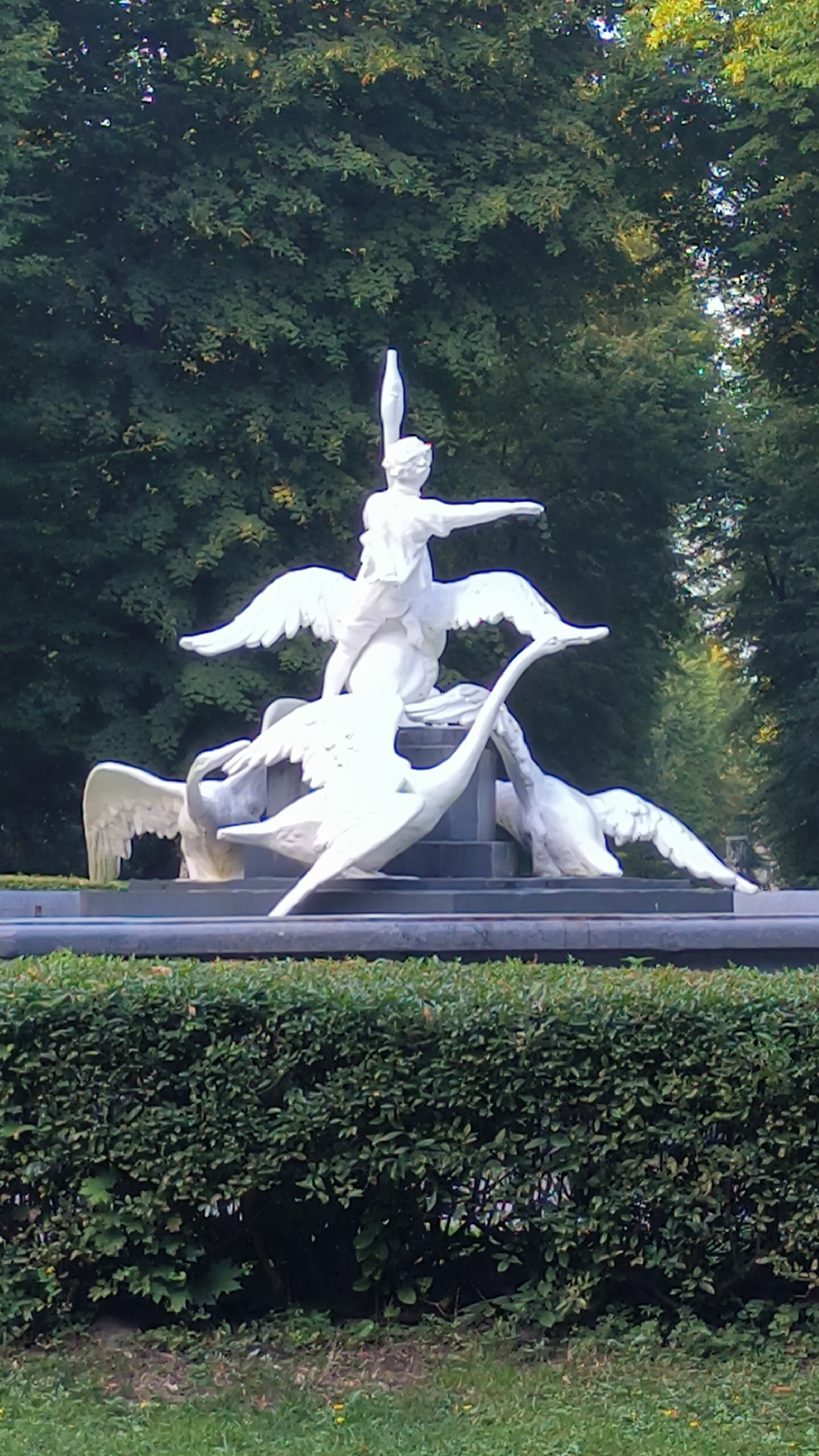 The image depicts a white sculptural group in an outdoor setting. The sculpture features a figure, possibly a youth or a dancer, with outstretched arms, standing atop a larger sculpture of several swans. The swans are arranged in various positions, some with wings outstretched and others with necks curved. The sculpture appears to be made of marble or a similar material. It is situated in front of a dense backdrop of dark green trees. In the foreground, a neatly trimmed green hedge runs horizontally across the bottom of the frame, with a strip of green grass below it. The sculpture is placed on a dark, circular base, which is in turn mounted on a raised platform. The overall setting suggests a park or garden. This sculpture is located in Lviv, Ukraine, specifically in the Ternopil region park.