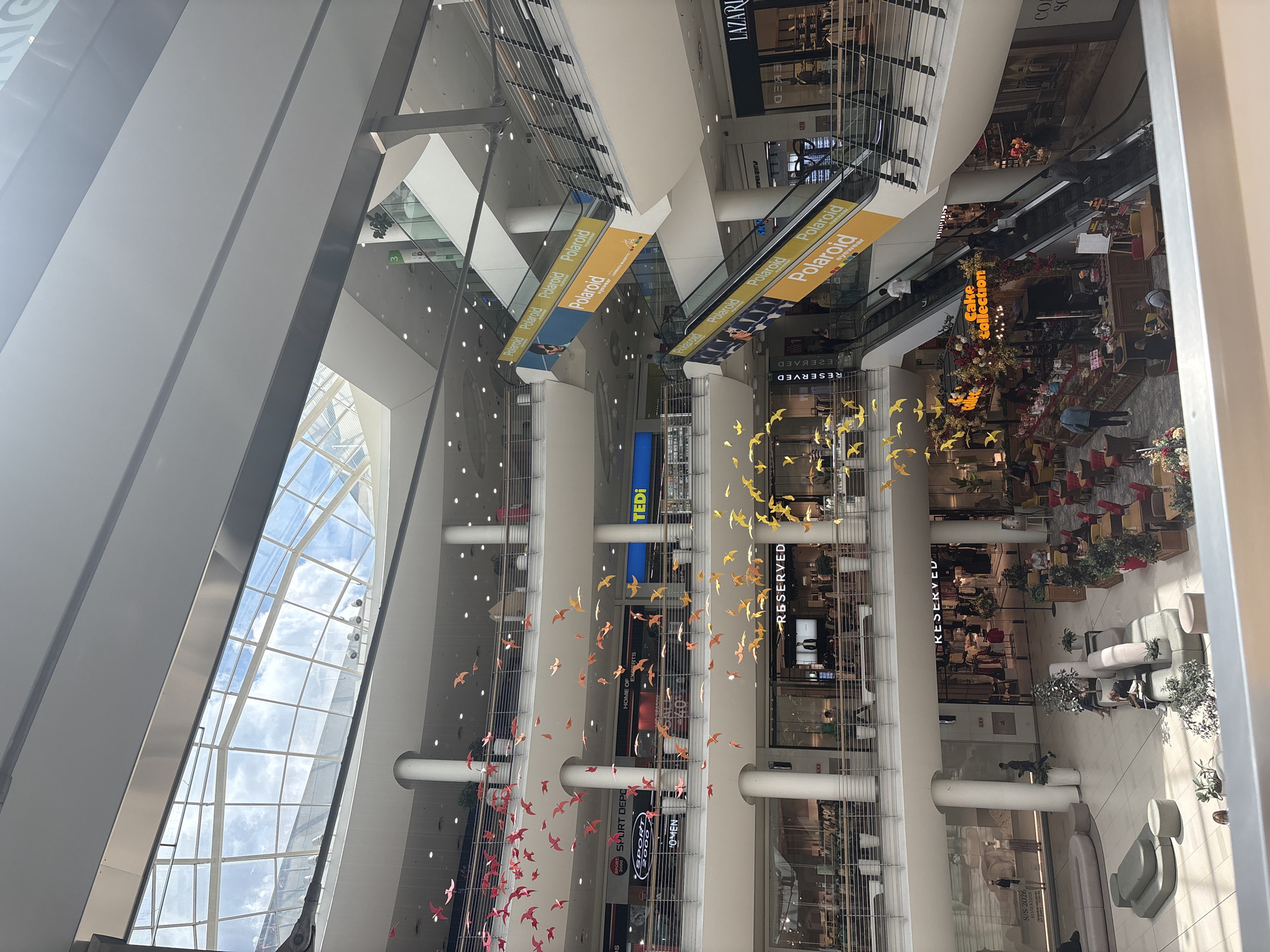 The image shows the interior of a large shopping mall. The view is from above, looking down into the multi-level atrium. Several escalators with "Polaroid" branding on the sides are visible. Banners hang above the stores, and hanging art installations of flocks of birds in red, orange, and yellow hues are suspended from the ceiling. Storefronts include "LAZARL," "RESERVED," "SPORT DEPO," and "TEDI." A "Cake Collection" store is seen near the escalator. Daylight streams through a large window in the upper left. People are visible inside the stores and in the mall area.