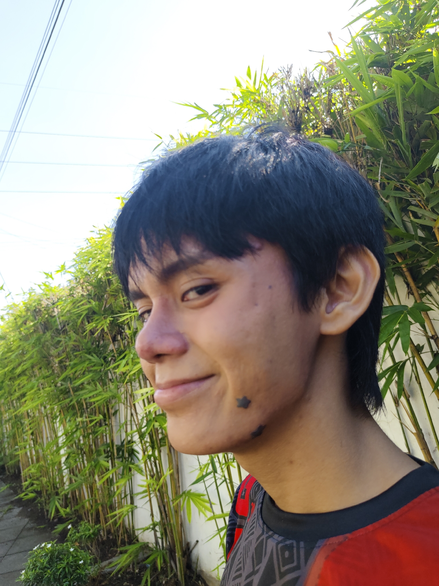 This outdoor portrait features a young person with dark, short hair, smiling subtly and looking towards the camera. The subject is positioned slightly to the left, showcasing a small black star tattoo and another indistinct dark mark on their right cheek/jawline. They are wearing a red and black patterned shirt, and their nose appears slightly reddish.
The background consists of a dense wall of green bamboo plants, characteristic of a tropical environment like Davao City, Philippines. Behind the bamboo, a plain white wall is visible. The sky above is bright and clear, indicating that the photo was taken during the daytime under good weather conditions. Faint overhead power lines can be seen against the bright sky in the upper left corner. The paved ground or sidewalk is visible in the lower left, along with some small white flowers. The overall mood of the image is pleasant and casual. There is no visible text present in the media file.