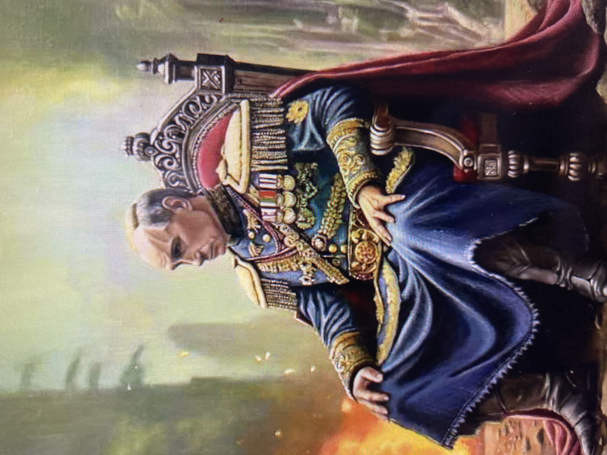 A digital painting depicts a bald, middle-aged man in elaborate military attire seated on a red-upholstered, ornate wooden throne. The man has light skin, a prominent nose, and is looking to his left. He wears a dark blue military jacket adorned with gold epaulets, intricate gold embroidery along the collar and sleeves, and multiple medals pinned to his chest. A red cape drapes over his shoulders and down the side of the throne. He is also wearing a wide, ornate gold belt and dark, knee-high boots. The throne is dark wood with intricate carvings and a tall, decorative back. The background is a muted, hazy forest scene with some hints of fire and smoke on the left side. The overall lighting is soft and diffused.