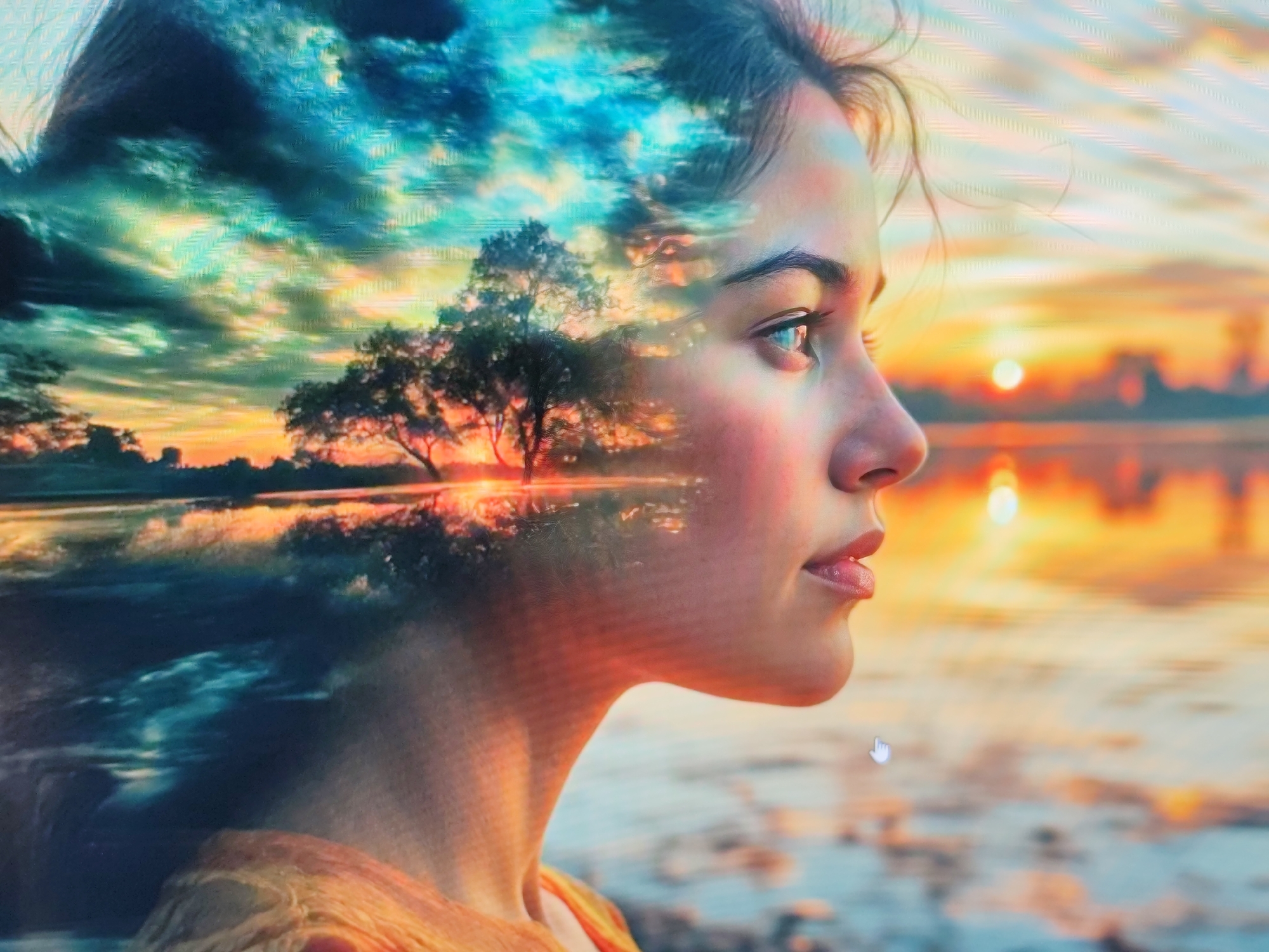 The image is a double exposure photograph. The foreground features the profile of a young woman's face, looking to the right. Her hair blends into a landscape scene. The landscape depicts a sunset over a body of water, with silhouetted trees and a vibrant sky filled with colorful clouds. The woman's features are soft, with her eyes open and reflecting the colors of the sunset. The overall effect is ethereal and dreamlike. This image is not from Syktyvkar, Russia.