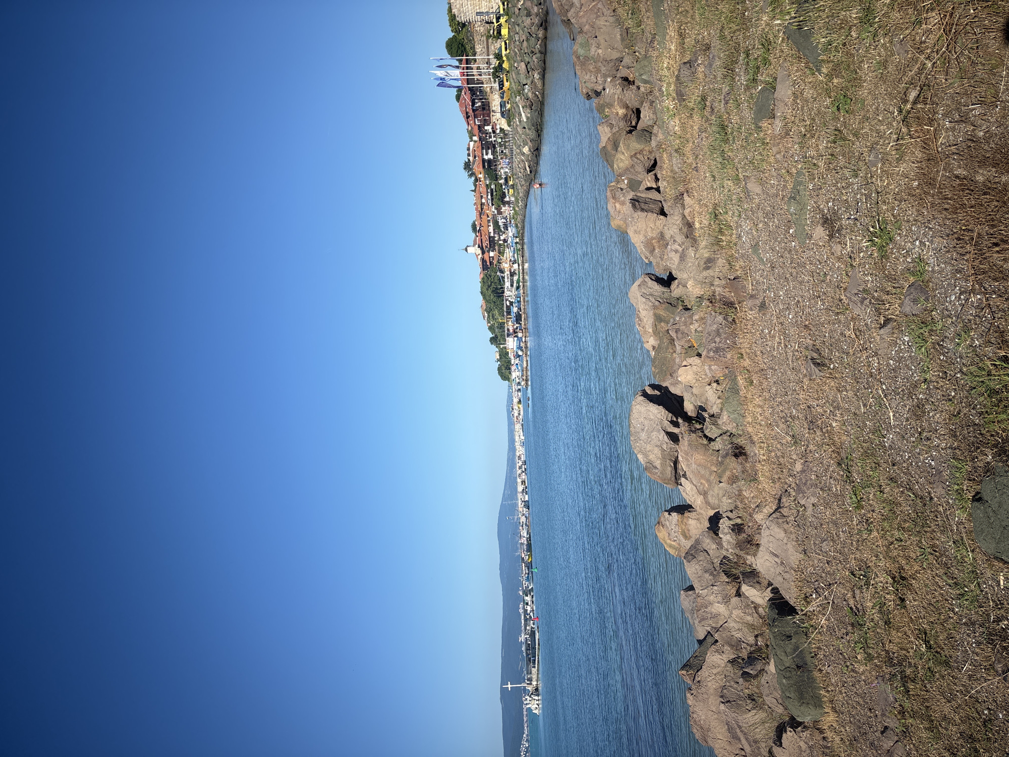 The image shows a view of the Black Sea coast in Nesebar, Bulgaria. In the foreground, there is a rocky embankment with dry grass and some sparse green vegetation. The sea is a calm, blue expanse. Along the coastline in the middle ground, there is a harbor filled with numerous boats and yachts. Beyond the harbor, the historic town of Nesebar is visible, characterized by its red-tiled roofs, churches with spires, and stone buildings clinging to the hillside. Several flags are flying on poles in front of the town. A few yellow cars are parked along the waterfront. In the water, a single person is visible, standing in what appears to be shallow water. The sky is clear and a deep blue. The overall scene depicts a sunny day at a coastal town.