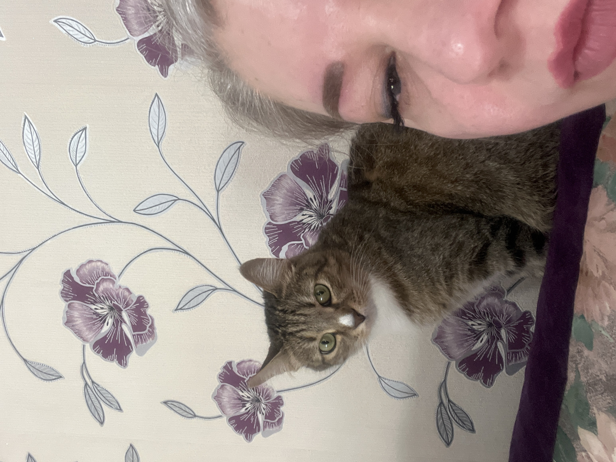 A selfie of a person with gray hair and purple lipstick, pressed up against a brown tabby cat. The background is a floral patterned surface, with purple flowers and gray leaves on a light beige backdrop. The person's left eye is visible with heavy eyeliner. Part of a purple garment is visible to the right. There is no evidence indicating the location is Izhevsk, Russia.