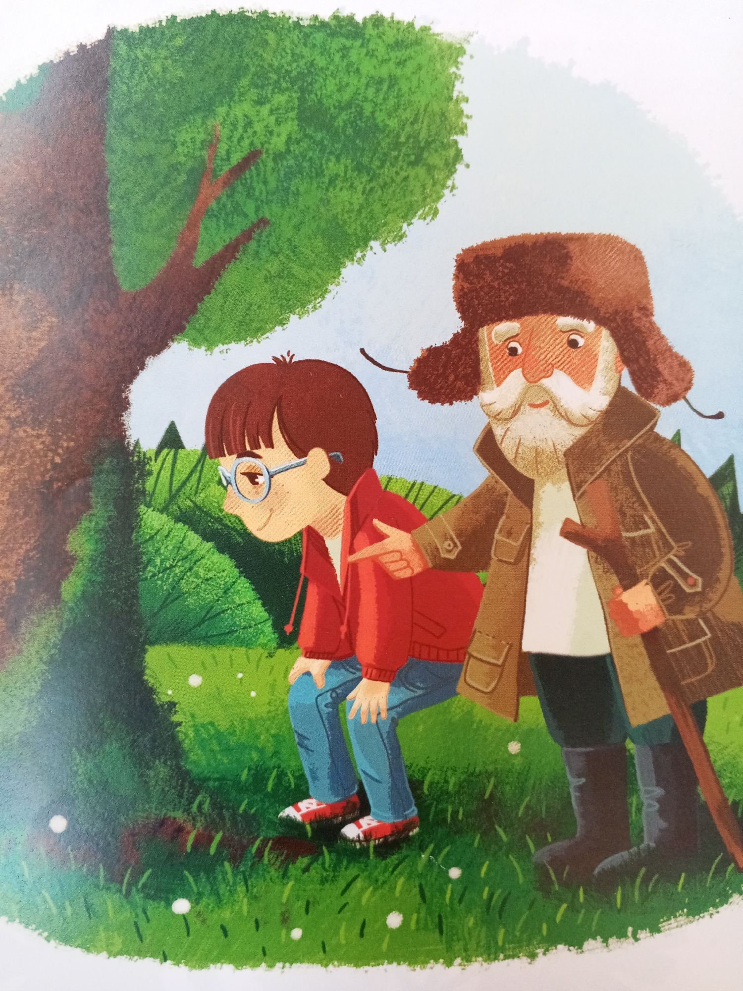 The image is an illustration depicting an outdoor scene with two figures and a natural environment. A young person with short brown hair, glasses, and wearing a red hooded jacket and blue jeans is crouching near the base of a large tree. An older man with a white beard, wearing a brown fur hat and a brown coat, stands behind the younger person, with his right hand pointing towards the ground near the tree. The man is also holding a stick or cane in his left hand. They are in a grassy area with rolling green hills and trees in the background under a light blue sky. There are small white dots scattered on the grass, resembling flowers or dewdrops. The scene suggests an interaction between the two individuals, possibly exploring or observing something at the base of the tree. The location is identified as Chistopol, Russia.