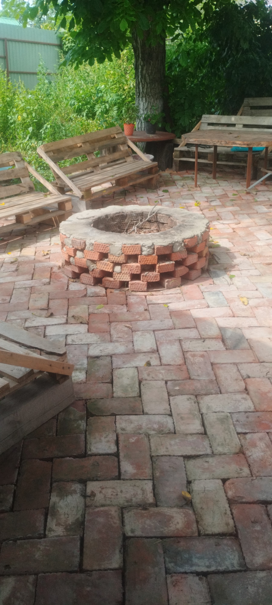 An outdoor brick patio area is depicted, featuring a circular brick fire pit at its center. The fire pit has a concrete cap and appears to have dry twigs and branches inside. Surrounding the fire pit are two unfinished wooden benches, constructed from pallets, and a wooden table with benches, also appearing to be made from pallets. The patio is paved with red and grey bricks laid in a herringbone pattern. Lush green foliage and trees form a backdrop, with a tall tree trunk visible behind the fire pit. A green metal fence is visible in the far left background. The lighting suggests it is daytime, with some areas in shadow. There are no people visible in the image. The scene appears to be in a yard or garden area, possibly in Yaroslavskaya, Russia, given the context.