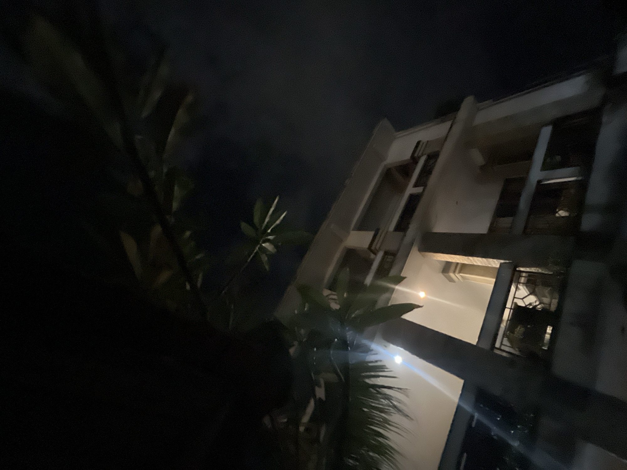 This image, likely taken at night in Canggu, Indonesia, features a building illuminated by artificial light, seen from a low angle. The building's facade is mostly white with some visible windows and structural elements. The left side of the image is dominated by dark foliage, obscuring part of the view. The sky above the building appears dark, consistent with a night scene.