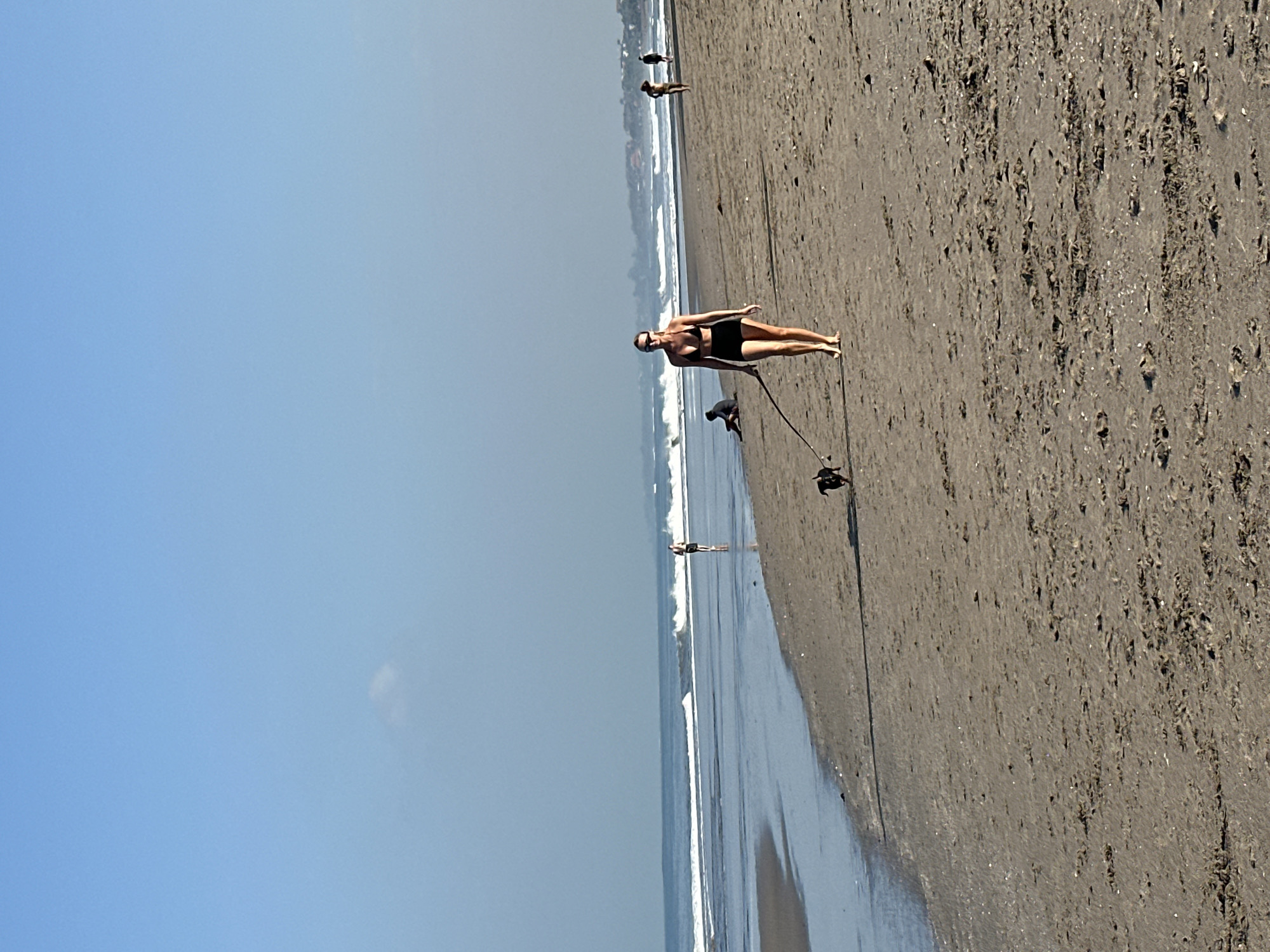 A woman in a black bikini and shorts walks a small black dog on a leash on a sandy beach in North Kuta, Indonesia. The dog is trotting ahead of her. In the background, the ocean has gentle waves. Several other people are visible on the beach in the distance, some walking and one sitting. The sky is clear and blue with a single small cloud. The lighting suggests it is daytime, likely morning or late afternoon given the soft light and long shadows. The sand is a light brown color with some scattered debris.