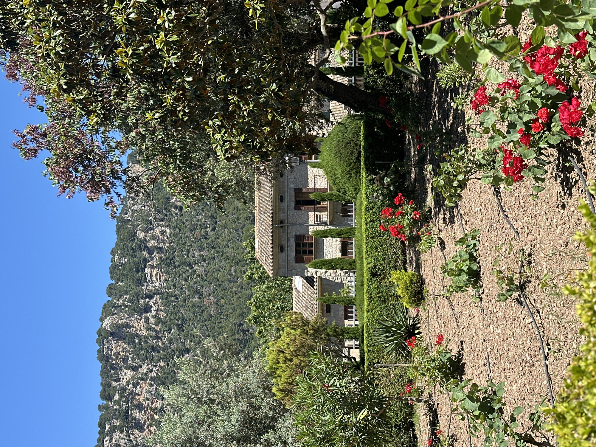 The image depicts a stone house in Valldemossa, Spain, nestled amidst lush vegetation and a backdrop of a tree-covered mountain under a clear blue sky. The house has a tiled roof, multiple windows, and a balcony. The surrounding garden is filled with trees, bushes, and red roses, with an irrigation system running through the ground. The environment appears natural and well-maintained.