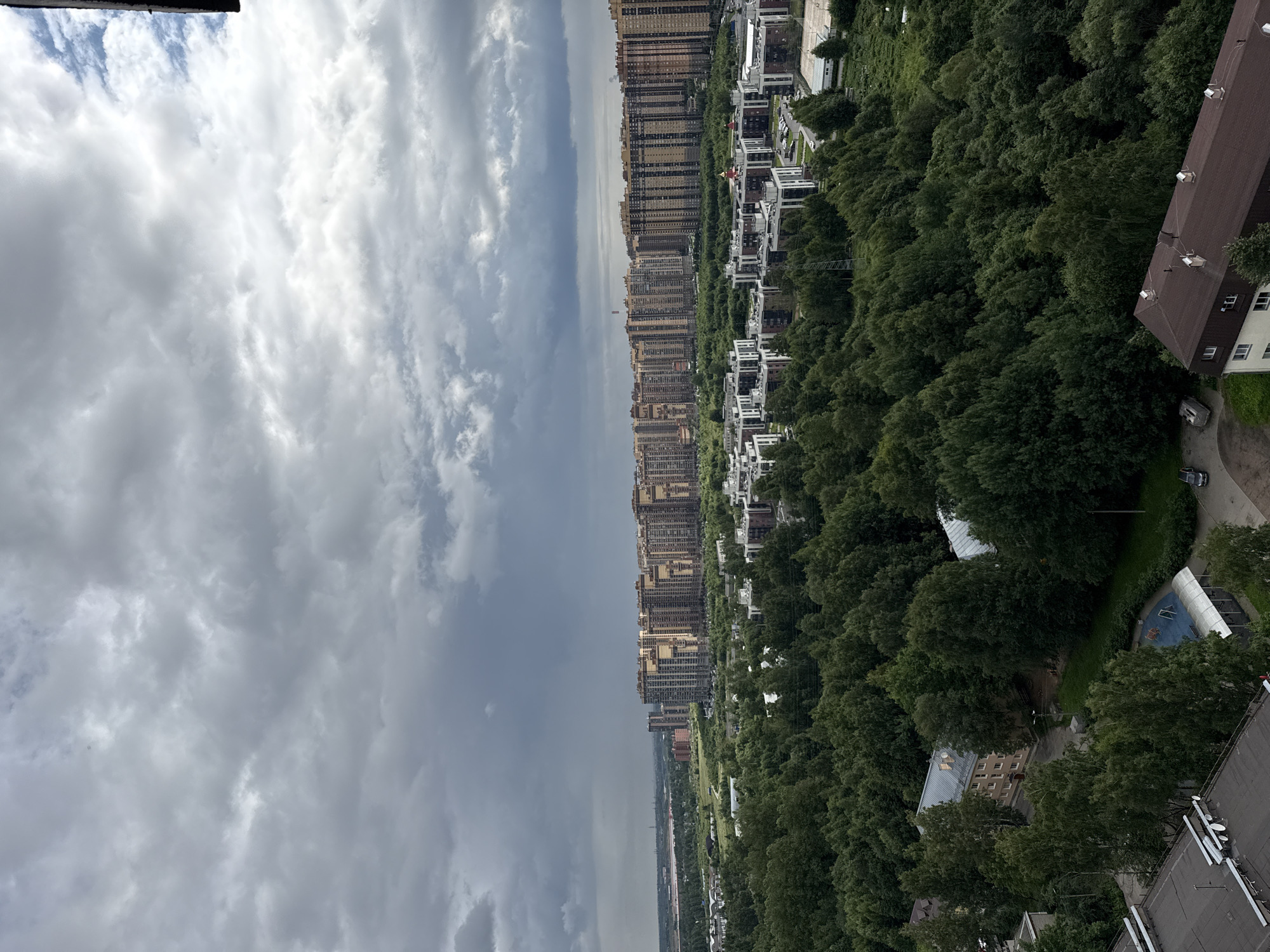 This is an aerial, wide-angle, medium shot of the Pargolovo district in Russia, on a cloudy day. In the foreground, lush green trees dominate the landscape, with a few apartment buildings peeking through the foliage. A road with a parked car is visible on the left side of the image. Further back, more apartment buildings of varying heights and architectural styles are spread across the scene. The background is filled with a vast expanse of similar apartment complexes, stretching towards a distant horizon. The sky is overcast with heavy, grey clouds, suggesting a possibility of rain.