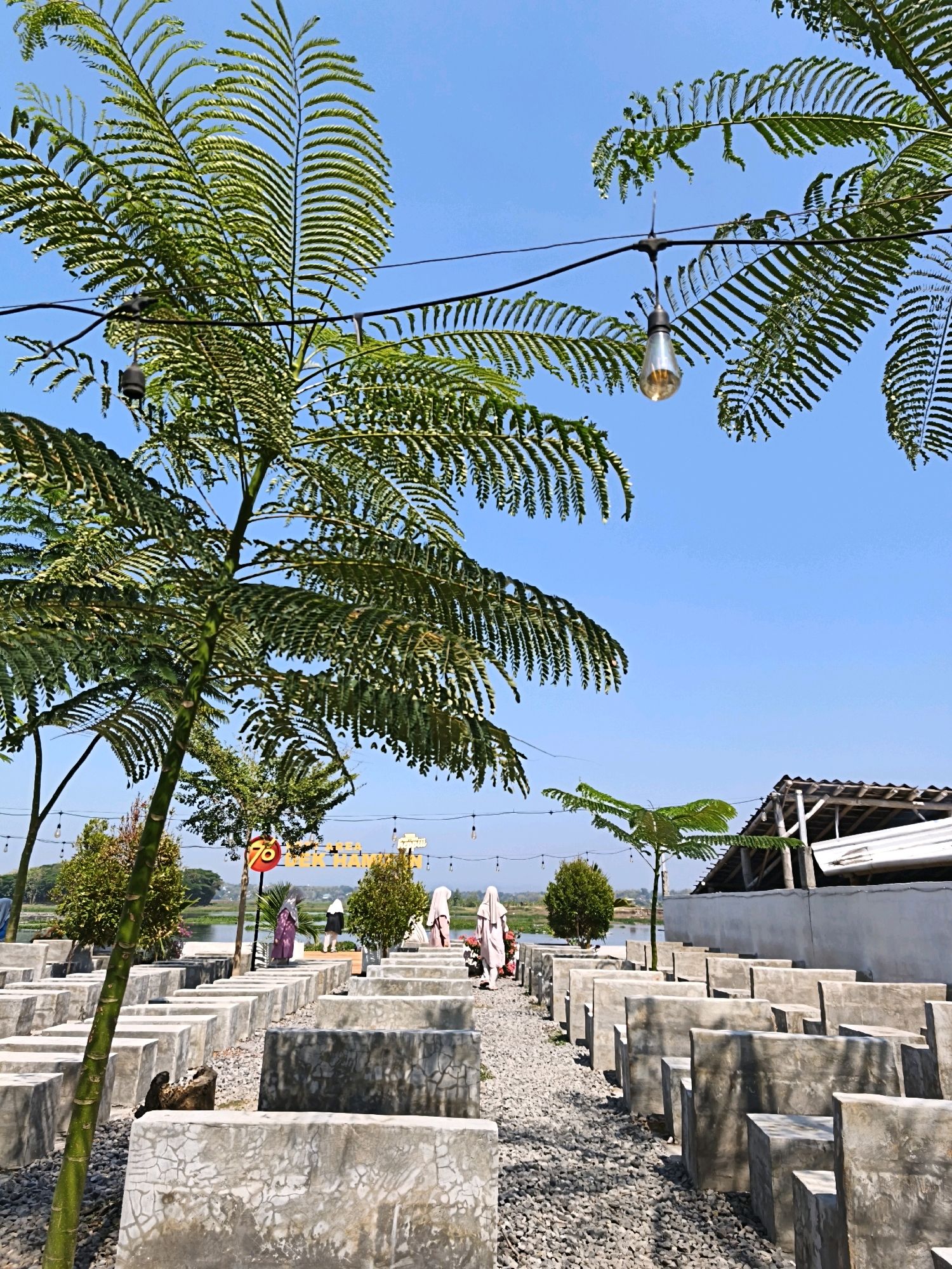 This image depicts an outdoor seating area in Desa Sobokerto, Indonesia, likely a cafe or restaurant. The scene is characterized by rows of concrete block seats arranged on a gravel surface. A tall tree with feathery green leaves dominates the left foreground, with its trunk partially obscuring some of the seating. In the background, a body of water is visible, suggesting proximity to a lake or river. Several individuals, some appearing to be women wearing headscarves, are scattered throughout the seating area and near the water's edge. Overhead, string lights with Edison bulbs are hung between wires, adding to the ambiance. A building with a wooden roof structure and white walls is situated on the right side of the frame. A yellow banner with red lettering, possibly a sign for the establishment, is visible in the middle ground. The sky is clear and blue.