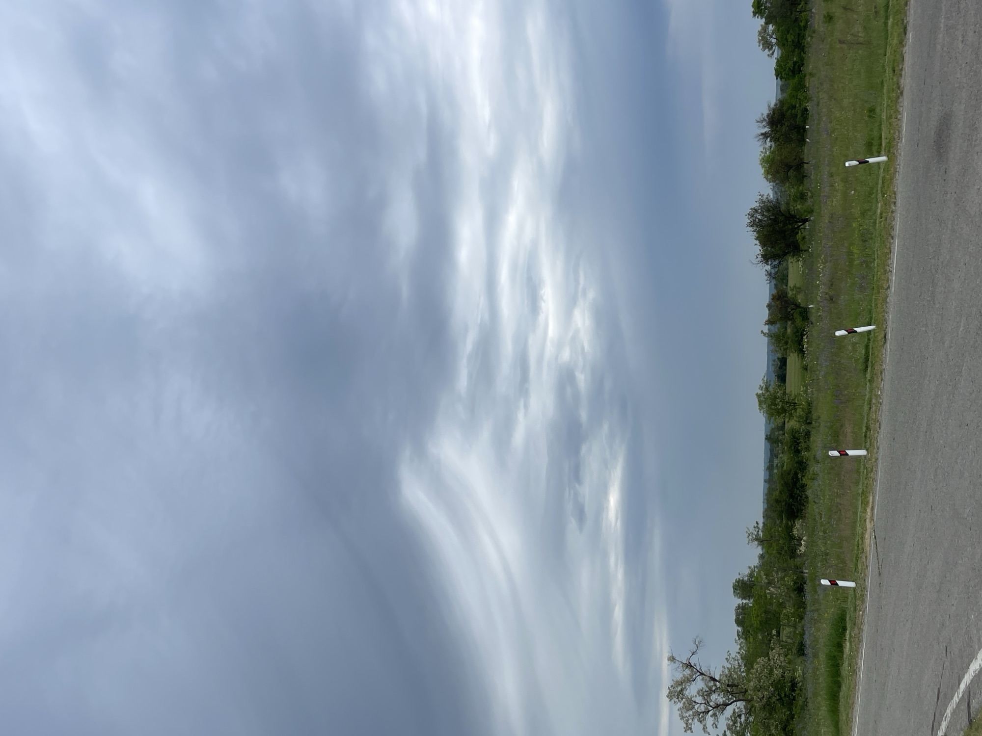 A cloudy sky dominates the upper portion of the image, with wispy white clouds stretched across a muted gray backdrop. Below the sky, a green field stretches to the horizon, dotted with trees. A paved road runs along the bottom left of the image, with white and red striped posts marking its edge. The scene appears to be in a rural area, possibly on the outskirts of Moskovskoe, Russia, given the natural landscape and absence of urban structures.