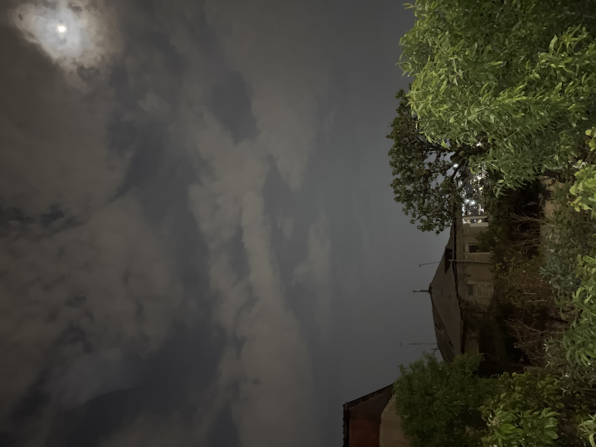 This nighttime photograph captures a serene outdoor scene featuring a cloudy sky, lush greenery, and architectural elements. The image is oriented vertically, with a significant portion dedicated to the night sky.
Dominating the left and central parts of the frame is a dark, overcast sky filled with textured clouds in various shades of grey. A bright, diffused moon is visible through a lighter patch in the clouds on the upper-left side, its glow softly illuminating the surrounding cloud formations.
On the right side of the image, vibrant green foliage from a large tree or dense bushes is prominently featured, extending from the top to the bottom. The leaves appear well-lit, possibly by an unseen artificial light source, creating a stark contrast with the dark background.
Parts of buildings are visible through and behind the foliage, particularly towards the bottom-right. One structure appears to be an older building with a visible roofline and some window openings, suggesting an apartment building or house. Its facade is a muted, dark tone. Another partial structure is faintly visible at the bottom-left corner.
The overall atmosphere is quiet and nocturnal. No people or specific activities are visible within the frame. There is no discernible text. Given the location context, this scene is depicted in Yerevan, Armenia.