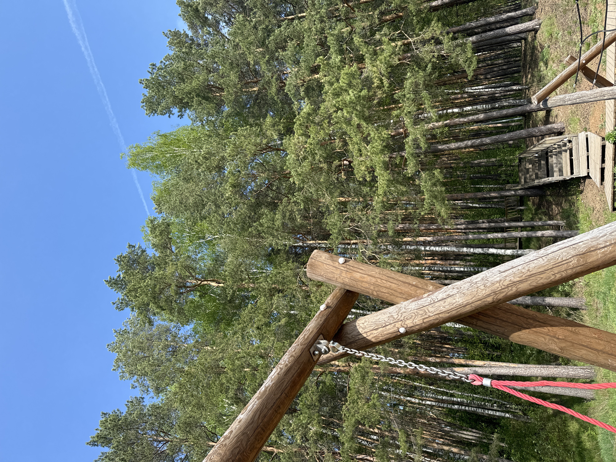 The image depicts an outdoor scene, likely in a park or forested area. A prominent feature is a wooden structure, possibly part of a playground or obstacle course, constructed from large logs. Chains and red rope are attached to the structure, suggesting a climbing or swinging element. In the background, a dense forest with tall trees is visible. A set of wooden steps leads up to the playground or elevated platform. The sky is clear and blue with some contrails. The location is Chaikovsky, Russia.