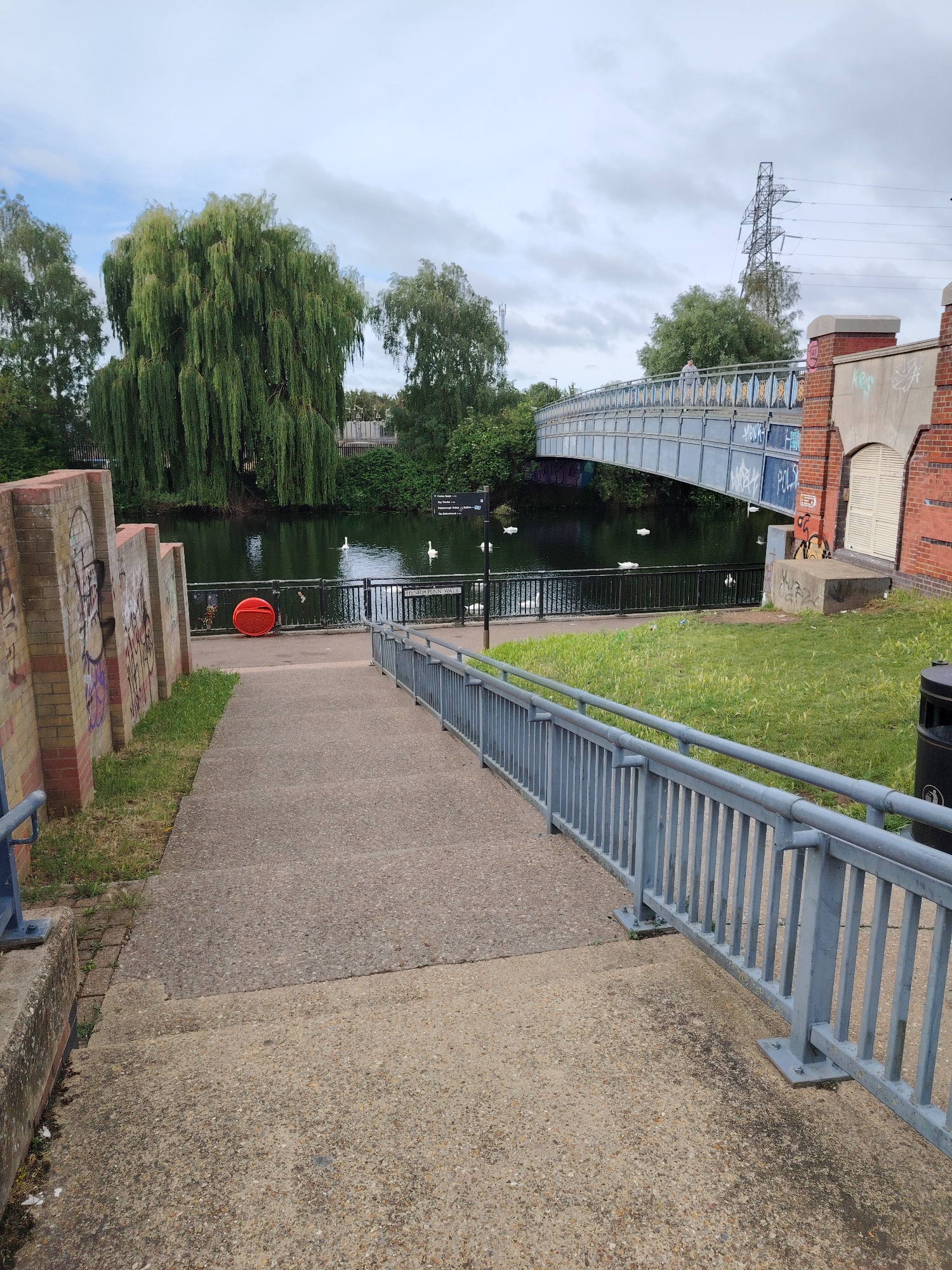 The image depicts a concrete pathway descending towards the River Nene at Henry Peele Walk in Peterborough, United Kingdom, under an overcast sky.
In the immediate foreground, a textured concrete path with visible aggregate slopes downwards, segmented by subtle steps. Grey metal railings, composed of vertical bars, flank the right side of the path, bolted to the concrete. A partial view of a black public waste bin is visible at the far right.
The mid-ground features a series of red-orange brick pillars or wall sections on the left, extensively covered in multicolored graffiti tags. Beyond the path, a dark green river stretches horizontally. A black metal fence separates the path from the river, supporting a bright red circular lifebuoy centrally. Several white swans are scattered across the river's surface. A white sign with black text reading "HENRY PEELE WALK" is affixed to the black fence on the right. On the far right, under the bridge, is a red brick structure with a light-colored, arched, shuttered opening, also bearing graffiti.
In the background, a light blue/grey metal pedestrian bridge with decorative yellow and blue patterns spans the river. The bridge's lower structure is covered in extensive graffiti, including visible tags such as "YDNA" and "POLSKI". A single individual in light-colored clothing is visible walking from left to right across the bridge. Lush green foliage from numerous trees lines both banks of the river, with a prominent weeping willow tree dominating the left side. A large, lattice-like electricity pylon stands against the sky on the far right, behind the bridge. The sky is predominantly grey and cloudy, with a small patch of blue visible in the upper left corner.