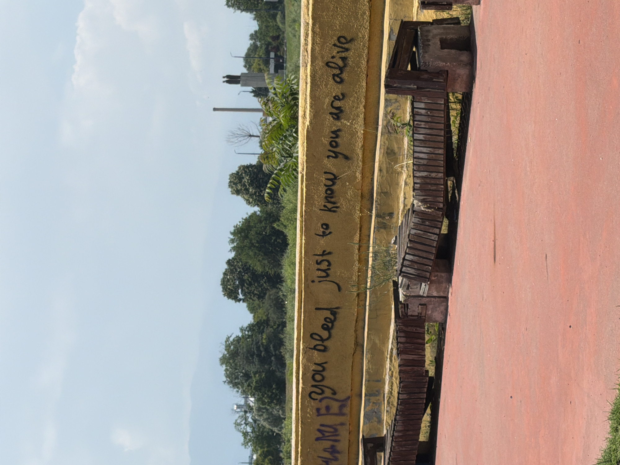 The image depicts an outdoor urban scene in Pazardzhik, Bulgaria, under a clear sky with scattered clouds. The foreground features a reddish-orange paved surface, possibly an athletic court or pathway, with sparse green grass visible at the bottom edge.
In the midground, a series of damaged, low-profile public benches or seating structures are situated on the paved surface. These benches are constructed from dark brown wooden slats supported by concrete blocks, and multiple slats are broken, missing, or misaligned, indicating disrepair. Directly behind these benches is a prominent, long, yellow concrete wall or barrier. Graffiti in black script is spray-painted across the wall, stating "you bleed just to know you are alive." Partial, less legible black graffiti is present to the left of the readable text.
The background shows a dense line of varied green trees and bushes immediately beyond the yellow wall. Above the tree line, under the light blue sky, several distant elements are visible. On the far left, faint outlines of mountains are discernible. On the right, a tall, slender industrial chimney stands prominently. Adjacent to the chimney, a concrete monument featuring two stylized, dark human figures standing on a pedestal is clearly visible. This monument is known as the Monument to the Brotherhood in Pazardzhik. Various streetlights and utility poles are also scattered across the background landscape. No individuals are present in the image.