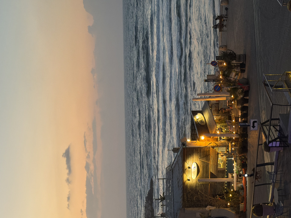 The image depicts a dusk scene at a beachfront promenade, located in Tel-Aviv, Israel, specifically identifiable as the area adjacent to Charles Clore Park and Jaffa Port. The sky, occupying the upper third, presents a gradient from orange-yellow at the horizon to pale blue-grey overhead, with scattered, horizontally elongated clouds. The Mediterranean Sea spans the mid-ground, exhibiting moderate waves with visible crests.
In the lower left, two illuminated, rustic-style buildings are visible, constructed with dark wood paneling, functioning as cafes or restaurants. The left building features a prominent circular sign above its entrance, displaying illegible text. Both structures are extensively lit by numerous string lights and overhead spotlights, casting a warm yellow glow. They feature outdoor seating areas equipped with tables and chairs. Potted plants, some resembling cacti, are arranged around these seating areas.
A paved promenade extends in front of these establishments. A dark-colored dog walks on this promenade in the lower-mid left, near a small, indistinct human figure. Further to the right, on a sandy section of the beach, two individuals are seated on a dark wooden bench positioned near the water's edge. Multiple vertical poles bear regulatory signage, including a red-circled "No Parking" symbol and a blue circular sign with a white right-pointing arrow. A metal railing with a dark top bar is present in the immediate foreground, indicating an elevated viewing position. The scene portrays an active coastal dining and leisure area during early evening.