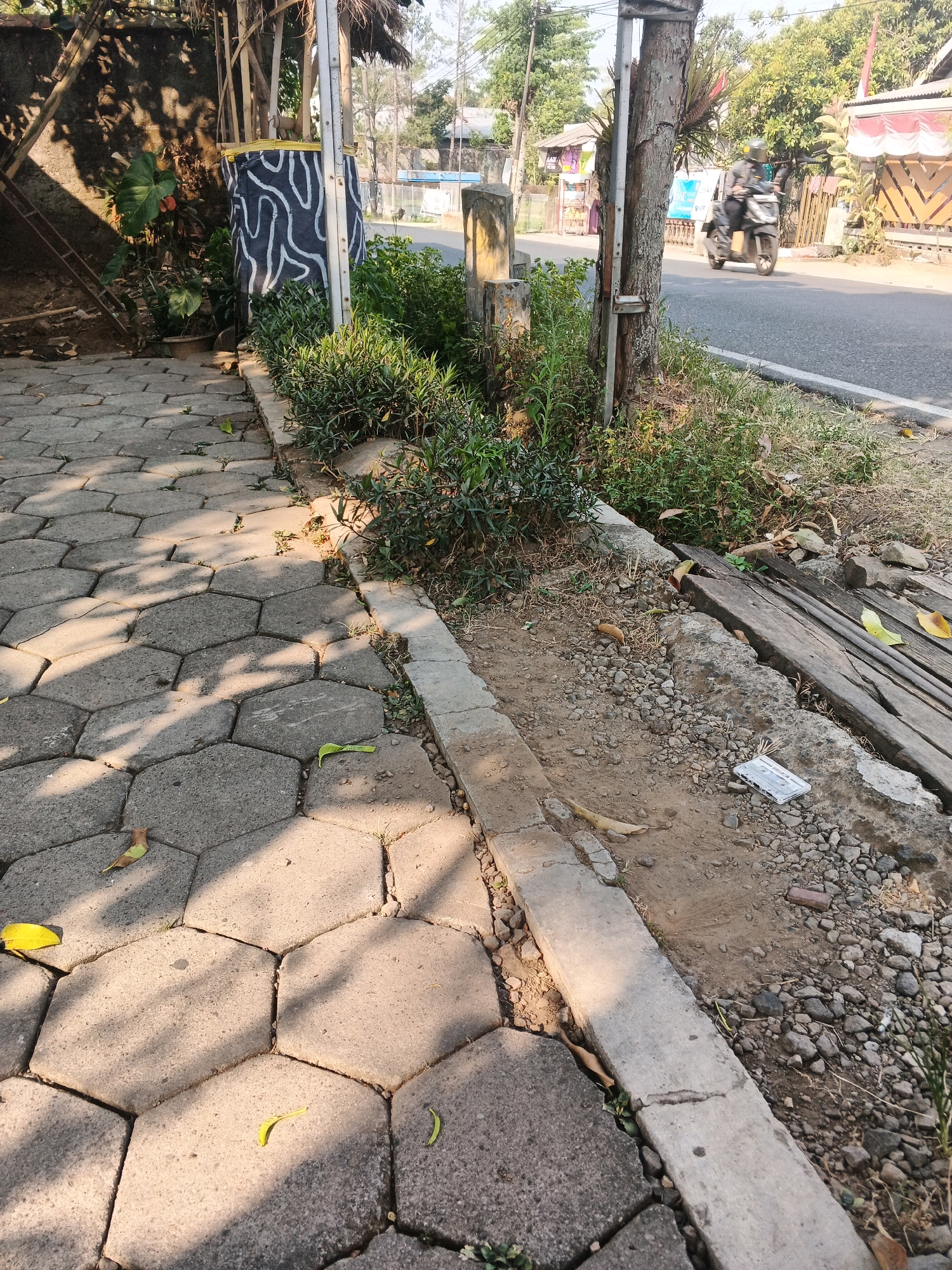 The image depicts a sun-dappled, hexagonal paver pathway in Ungaran, Indonesia, running alongside a roadside drainage ditch. The pathway is partially shaded by overhead foliage and a structure to the left, featuring a patterned cylindrical bin. The ditch is filled with loose gravel, soil, and scattered leaves, bordered by concrete edging and a few wooden planks on the right. Green vegetation grows along the ditch and the edge of the pathway. In the background, a motorcycle rider wearing a helmet is visible on the asphalt road, with buildings and trees lining the street.