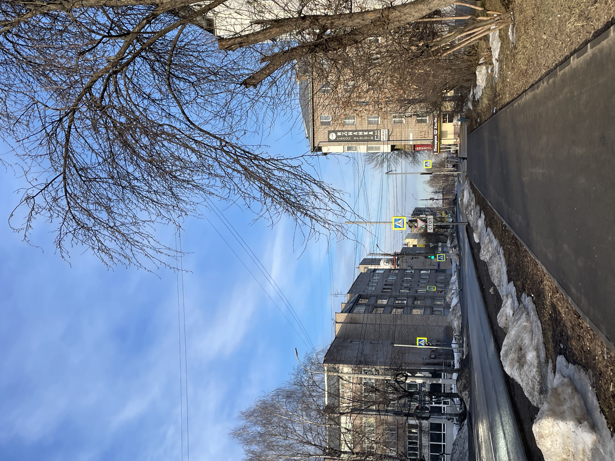 This image depicts an urban street scene in Izhevsk, Russia, under a clear blue sky with minimal streaky white clouds. The perspective is longitudinal, looking down a two-lane asphalt road that appears damp in sections.
On the right side of the image, a large, bare deciduous tree with dark, intricate branches extends from the mid-ground into the upper right corner. Below it, a dark asphalt sidewalk runs parallel to the street. To the right of the sidewalk is a narrow strip of bare earth with sparse vegetation and several small, bare shrubs, interspersed with patches of dirty, melting snow and ice.
A multi-story brick building, light brown in color, stands on the right beyond the sidewalk. This building features commercial establishments on its ground floor. A prominent black vertical sign in Cyrillic reads "САЛОН КРАСОТЫ ИЗНАНКА" (Beauty Salon Izanka), displaying a local phone number (66-18-02) and "ВХОД СО ДВОРА" (Entrance from the courtyard). Below this, a horizontal yellow sign reads "ПЕКАРНЯ & ХЛЕБЫ" (Bakery & Breads).
On the left side of the street, multiple multi-story brick buildings, generally gray or light brown, line the road. These buildings are partially obscured by bare deciduous trees. Overhead, a network of power lines, indicative of public transport infrastructure, crosses the sky.
The road features a central dirt median containing several large, irregular mounds of dirty, melting snow and slush, suggesting a seasonal transition from winter. Various traffic signs are visible: multiple yellow square signs with black pedestrian symbols indicate pedestrian crossings. On the left, a red 'СТОП' (STOP) sign is mounted below a traffic light, which displays a green signal.
One individual, indistinct due to distance and focus, is visible walking away from the camera on the right-hand sidewalk in the mid-ground. No other people, vehicles, or dynamic interactions are prominently featured. The scene conveys a quiet, late-winter or early-spring urban environment.