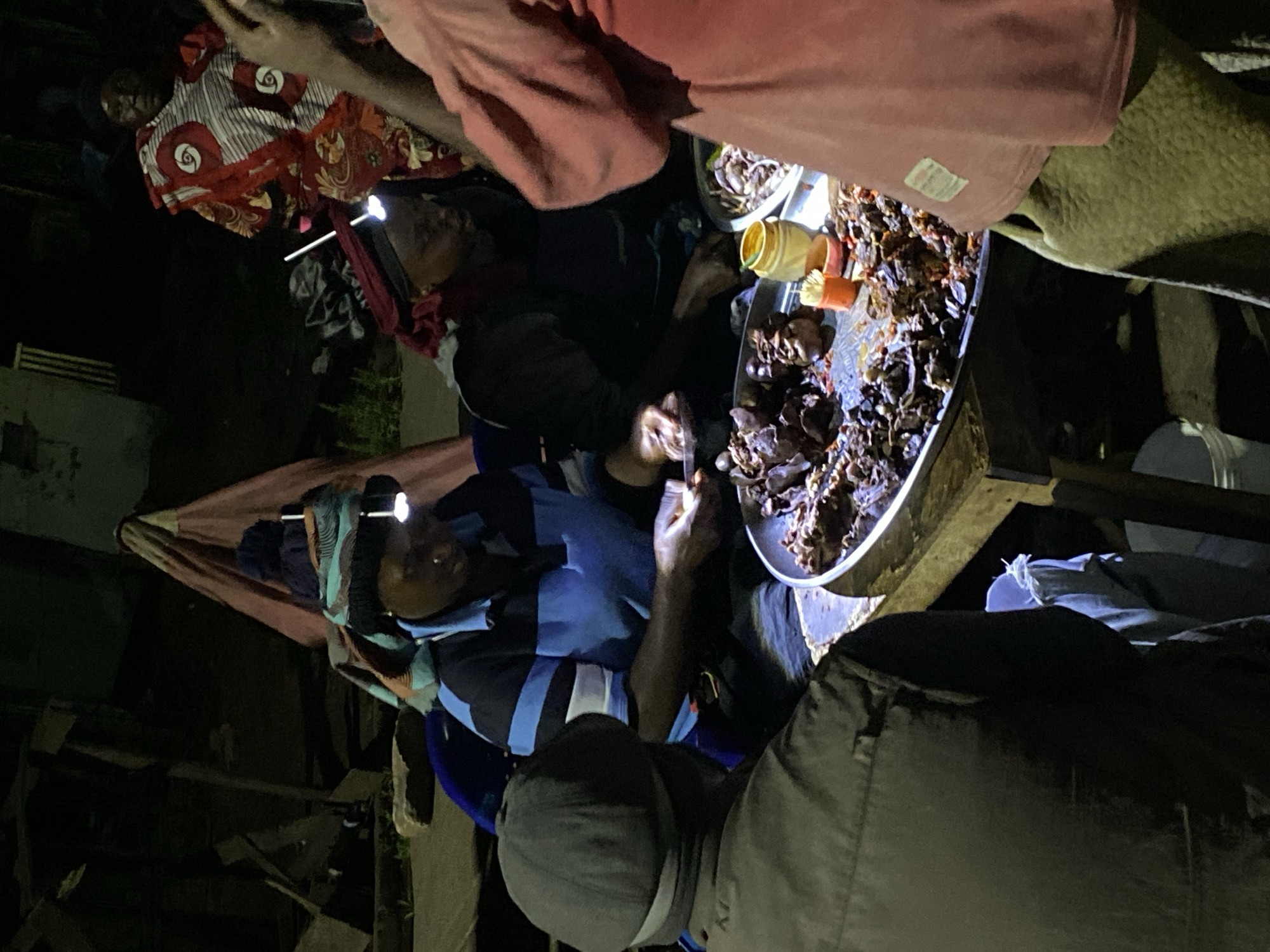 In Bukuru, Nigeria, several individuals are gathered at night. The scene is illuminated by headlamps and phone screens. A large tray filled with dark, unidentified objects dominates the foreground. Two individuals are visible wearing headlamps, and another is using a phone. The setting appears to be outdoors, with structures and objects indistinct due to the darkness. The individuals seem focused on the tray's contents, possibly preparing or inspecting them.