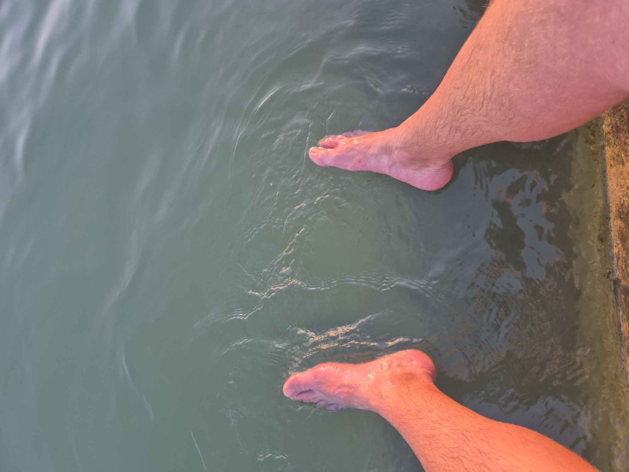 The image shows a close-up, over-the-shoulder view of a person's bare legs and feet submerged in murky, greenish-blue water. The water appears to be calm with slight ripples. The person's skin is illuminated by a warm, reddish light, likely from the setting sun. The environment appears to be a body of water with a wooden surface at the bottom edge of the frame, suggesting the person is sitting on a dock or pier. The location is identified as Katoro, Croatia.