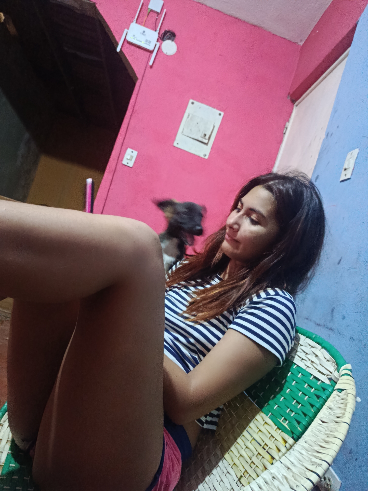 A woman sits in a green and beige woven chair. She wears a horizontally striped navy and white shirt and pink shorts, with her legs raised. Behind her is a dog. The walls are pink and blue. A doorway is visible in the background. A WiFi router is mounted on the pink wall. The location is Juan Griego, Venezuela.