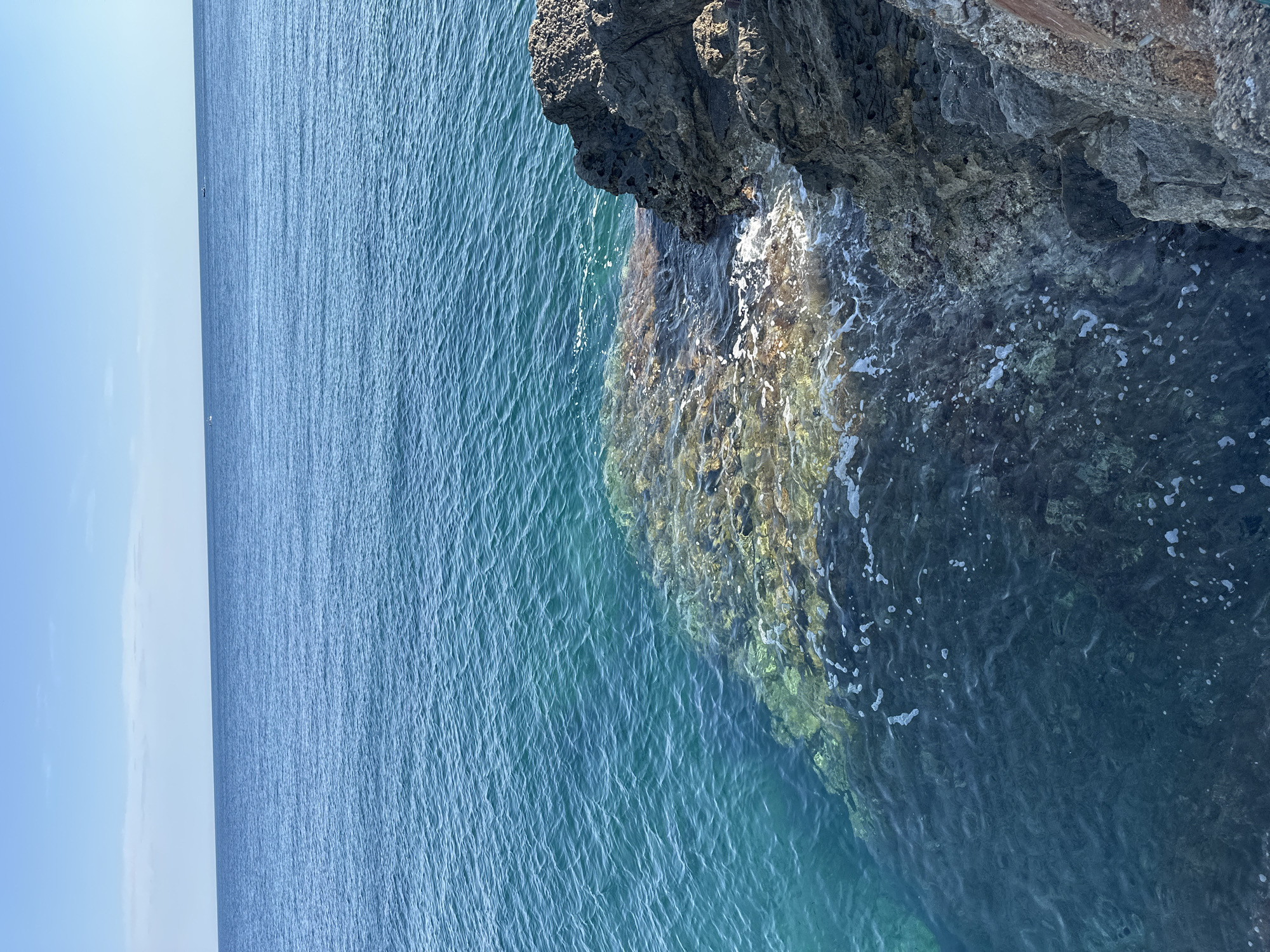 The image shows a cliff overlooking the Adriatic Sea in Budva, Montenegro. The cliff face is rocky and textured, with visible layers and crevices. Clear turquoise water reveals the underwater section of the cliff, showing rocks and the sea bottom. Small waves are visible along the waterline, with a few white foam patches. In the distance, the horizon stretches with the sea under a light blue sky. No people are visible in the image.