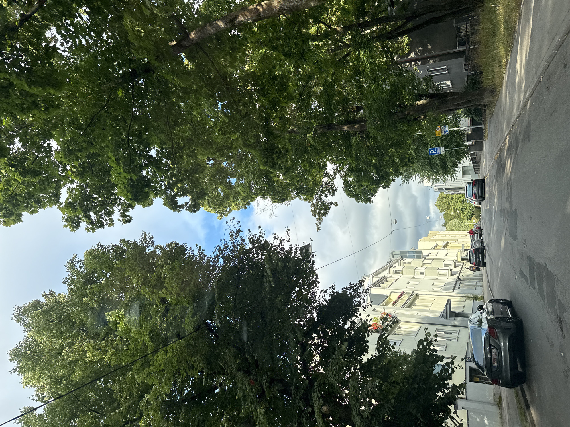 The image shows a street in Tallinn, Estonia, lined with mature trees and buildings. The street is paved and appears to be an urban residential area. In the foreground, a dark gray sedan is parked on the left side of the road. Further down the street, several other cars are visible, including a black SUV and a few more vehicles in the distance. Pedestrians are seen walking on the sidewalk. The buildings on the left are multi-story structures with windows and balconies, one of which has flower boxes with red flowers. On the right side of the street, more trees and a darker colored building are visible. There are street signs indicating parking and possibly a speed limit. The sky is partially cloudy with patches of blue. The overall scene depicts a calm day in a European city.