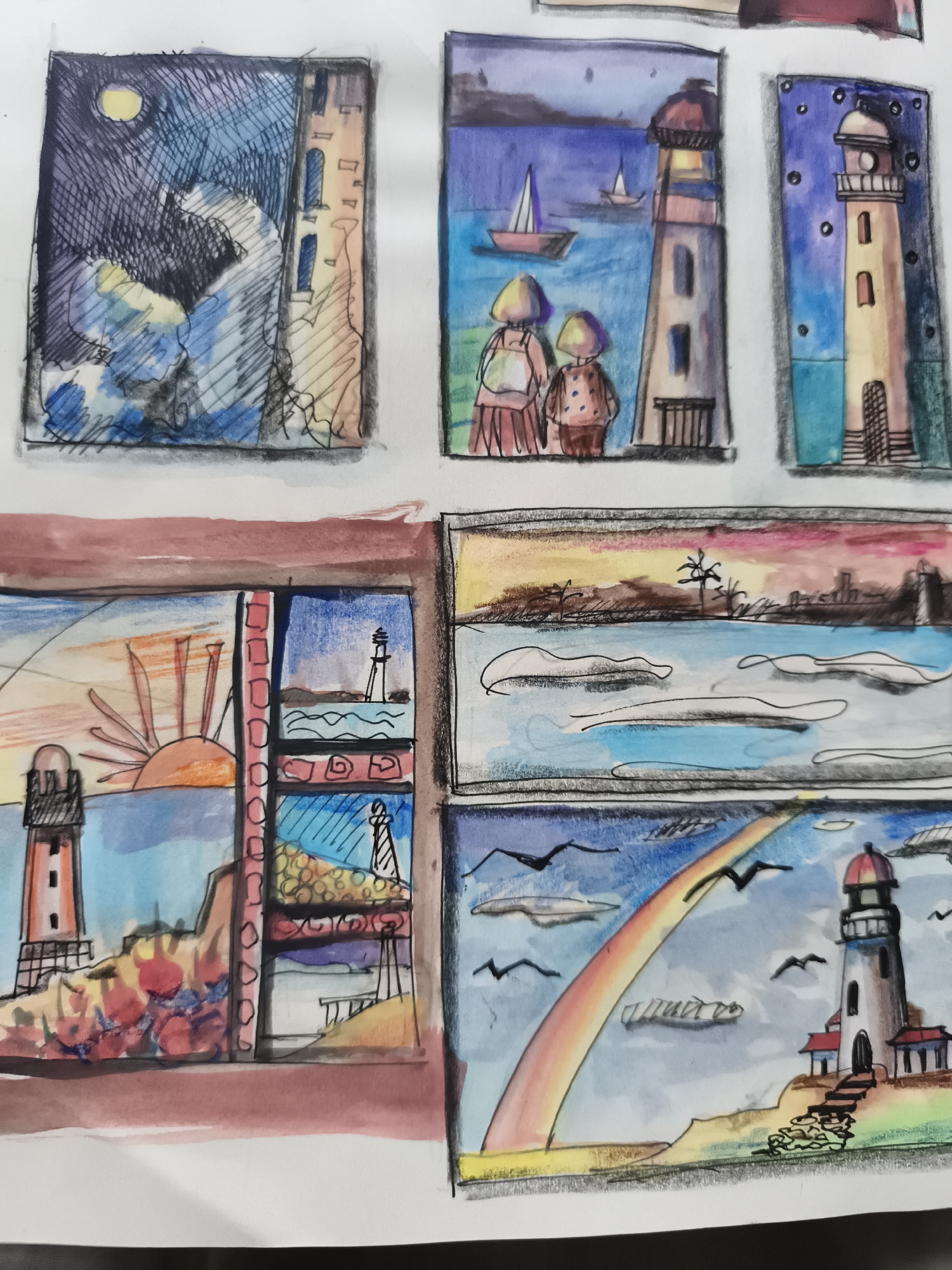 The image is a collection of six small, rectangular watercolor and pencil sketches. All sketches depict variations of lighthouses and coastal scenes. From top left to bottom right:
1. A night scene with a full moon, a dark, choppy sea, and a tall, textured building with arched windows, possibly a lighthouse or tower.
2. A daytime scene with two figures, viewed from behind, standing on a shore looking at a lighthouse. A sailboat is in the blue water.
3. A lighthouse against a starry, deep blue night sky with a turquoise sea below.
4. A sunrise over the sea, with a lighthouse on a rocky outcrop to the left. To the right, a smaller window contains a lighthouse in a seascape. A vertical frame with red brick-like detail divides this section.
5. A horizontal panel showing a sunset over a body of water, with silhouetted palm trees and structures on the horizon.
6. A lighthouse on a cliff under a cloudy sky. A rainbow arcs across the scene, and several birds are in flight.