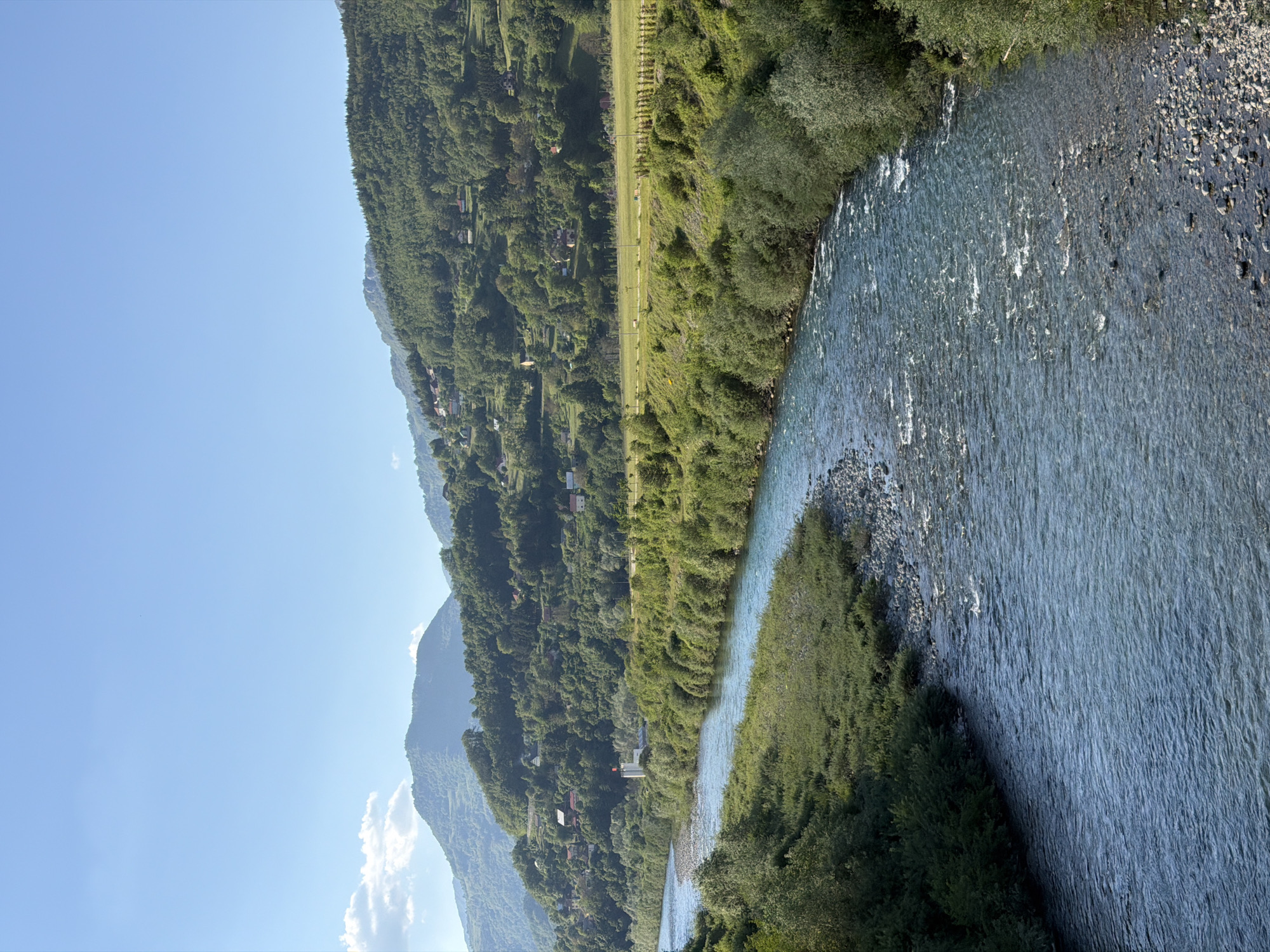 The image depicts a river flowing through a mountainous landscape, likely within the vicinity of Mojkovac, Montenegro. On the left side of the river, a steep, forested mountainside is visible, dotted with small structures that appear to be houses or buildings. The sky above is clear blue. Along the riverbank, there is dense vegetation. The river itself appears shallow, revealing rocks on its bed. A grassy area or field can be observed alongside the forest on the mountainside.