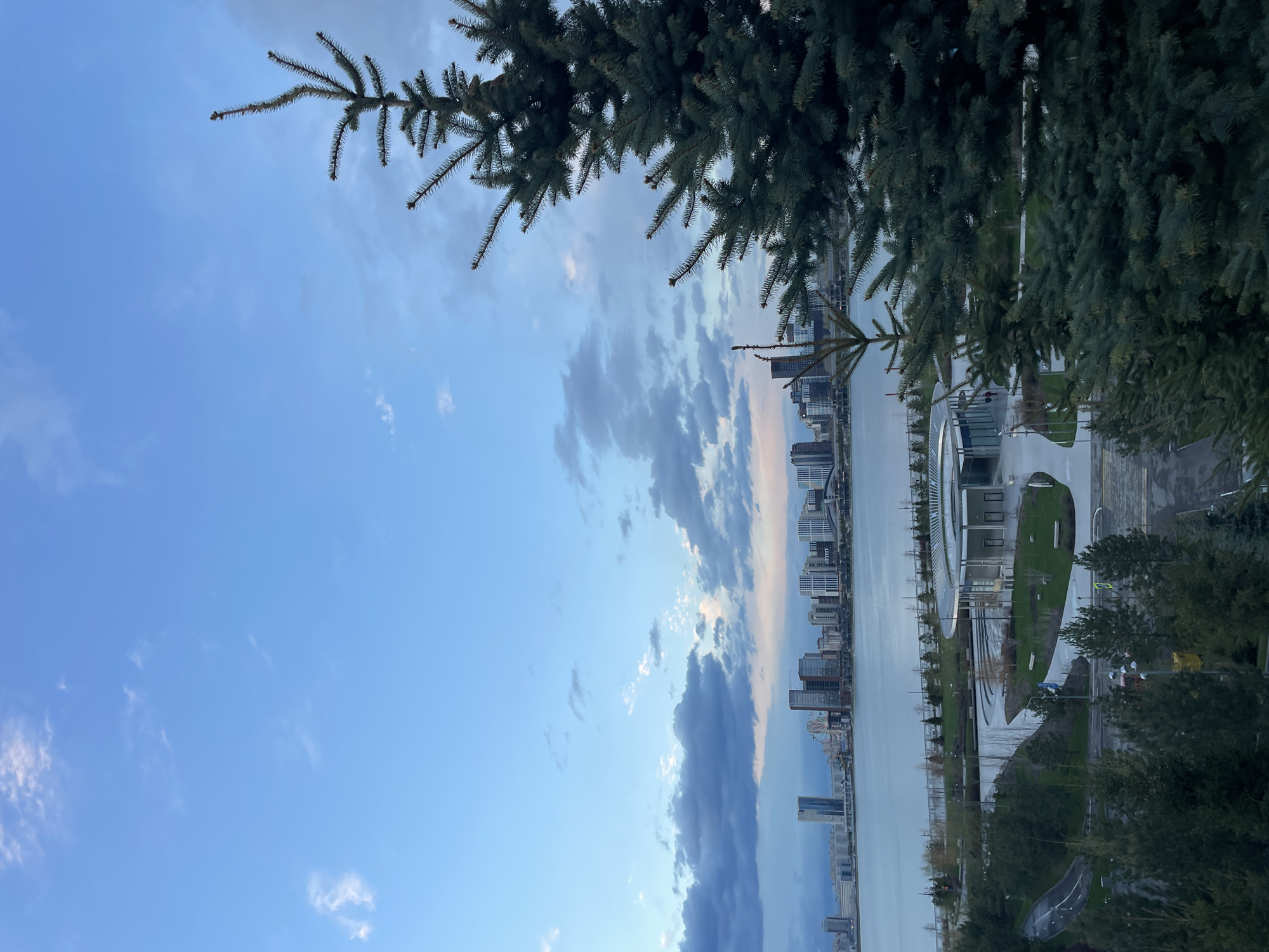 The image presents an expansive view of an urban landscape featuring a city skyline, a body of water, and trees under a cloudy sky. The perspective is slightly elevated, looking out towards the horizon.
In the foreground, dense branches of a coniferous tree, possibly a pine or spruce, frame the upper portion of the image, adding a natural element to the scene.
A wide body of calm water, likely a river or lake, stretches horizontally across the mid-ground, reflecting the light from the sky. On the far bank of the water, a modern city skyline rises, composed of numerous high-rise buildings and skyscrapers. A notable detail within the skyline is a Ferris wheel, visible towards the right side of the urban structures. On the near bank, there's a landscaped area with paved paths, green lawns, and scattered trees and bushes. A contemporary architectural structure with a curved, possibly reflective, design is also visible near the water's edge on this side.
The sky dominates the background, displaying a mix of clear blue and scattered clouds. Some clouds are soft and white, while others are darker grey, with hints of warmer pinkish-orange tones, suggesting late afternoon or early evening. The overall weather appears fair.
The scene is tranquil and devoid of people or visible activity. No visible text is present.
