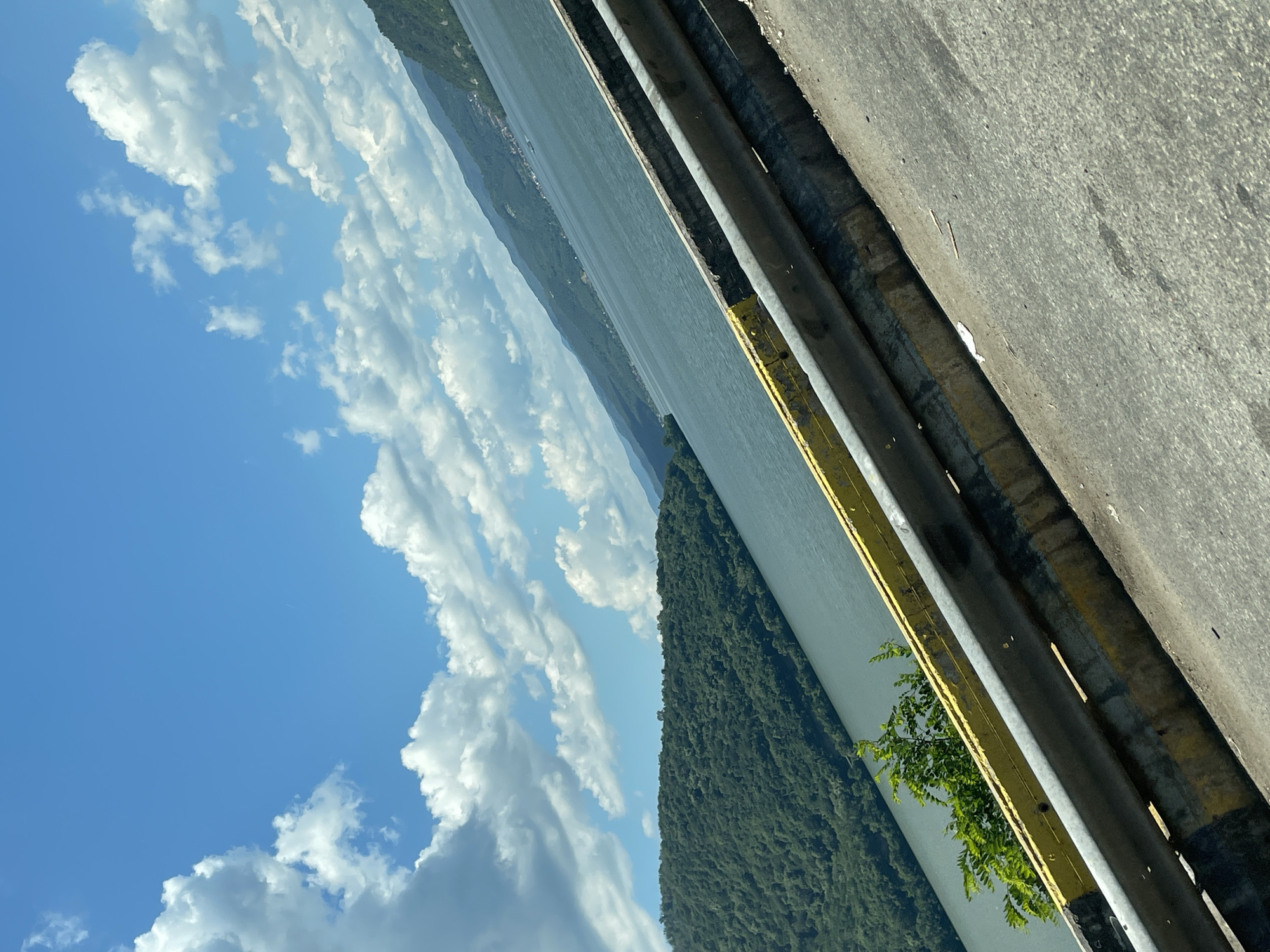 An outdoor scene, photographed from a tilted perspective, captures a roadside view overlooking a large river with forested landscapes and a partially cloudy sky. In the foreground, a segment of gray asphalt road, exhibiting minor wear and dark stains, occupies the lower right section. A two-tiered gray metal guardrail, showing evidence of weathering and grime, extends diagonally across the lower half of the frame. This guardrail is mounted on a barrier with extensively chipped and faded yellow paint, revealing underlying material and dirt, along with residual black and yellow striped markings at its base. A cluster of vibrant green leafy vegetation is visible emerging from behind the guardrail near the lower left.
Beyond the guardrail, a broad expanse of dark blue-green water, identifiable as the Danube River, stretches horizontally. On the left side of the river, a densely forested hill or mountain rises prominently from the water's edge. Along the right bank, a series of receding, tree-covered hills extends into the distance, with small clusters of buildings or settlements discernible along the waterfront. The sky above is a bright blue, featuring numerous white cumulus clouds scattered throughout. The lighting indicates clear daytime conditions. No individuals, specific vehicles, or direct human actions are depicted. The scene presents a combination of natural geography and roadside infrastructure, consistent with the environment in and around Drobeta-Turnu Severin, Romania.