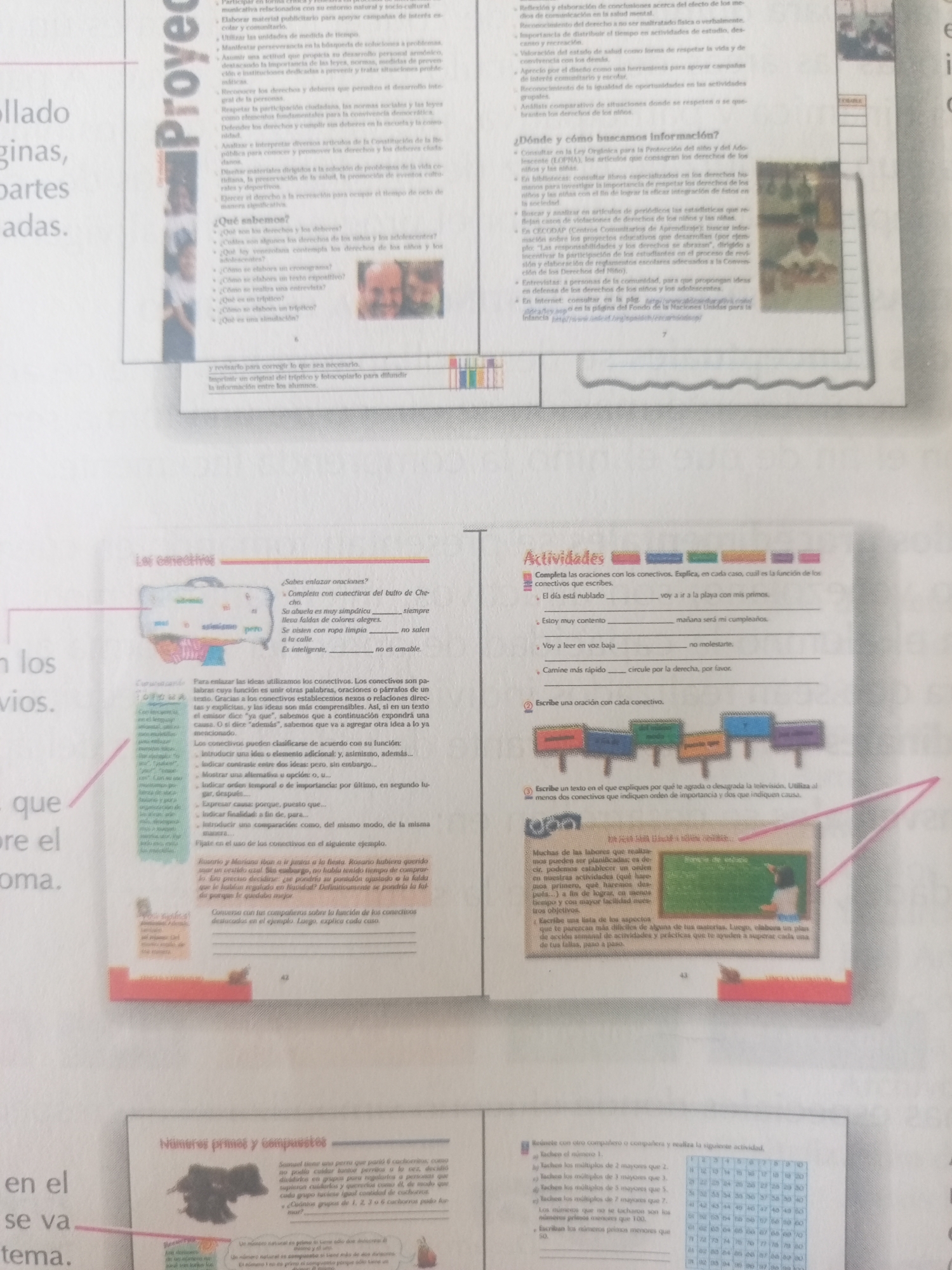 The image is a photograph of an open textbook page. The left side of the page contains text and an illustration with the title "Proyecto". The right side of the page has text and illustrations related to language arts activities, including a section titled "Actividades" and another titled "Números primos y compuestos". There is no visible information in the image that indicates the location in the city of La Tagua, Venezuela.