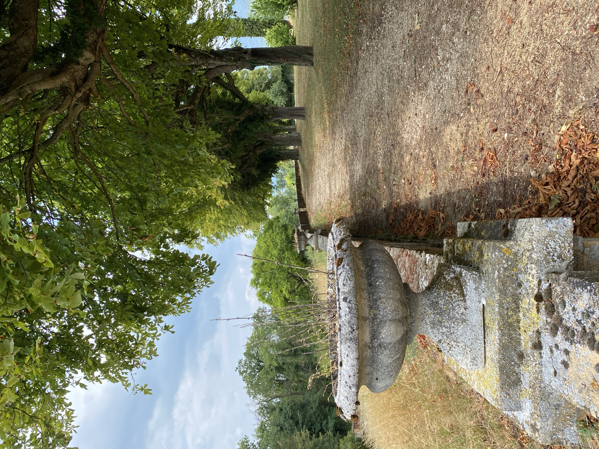 The image depicts a stone urn filled with dry vegetation, placed on a stone wall. A gravel path runs alongside the wall, lined with a row of trees with green foliage. The ground is covered with dry leaves and scattered nuts. In the background, lush green trees and a cloudy sky are visible. This scene is located at the park of the Château de Laténa in Switzerland.