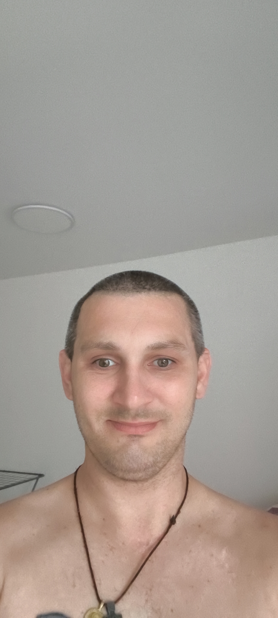 The image is a medium-shot, front-facing selfie of a Caucasian male in his late 20s or early 30s. He has short, dark brown hair, light brown eyes, and a faint stubble on his face. He is wearing a dark cord necklace with two pendants, one gold-colored and circular, the other dark gray and cross-shaped. He is shirtless, revealing his shoulders and upper chest, which show some light freckling and faint scarring on the left shoulder.
The background appears to be an indoor setting. The ceiling is visible at the top of the image, with a modern, circular light fixture. The walls are a plain, light color. To the left, a small section of what appears to be a drying rack or similar structure is visible.
The provided context states that the location is in the city of Wolgast, Germany. However, there are no specific visual cues within the image that confirm this location, such as landmarks, signage, or distinctive architectural features. The environment is generic for an indoor residential or hotel setting. The man is the sole subject in the photograph and is looking directly at the camera with a slight smile.